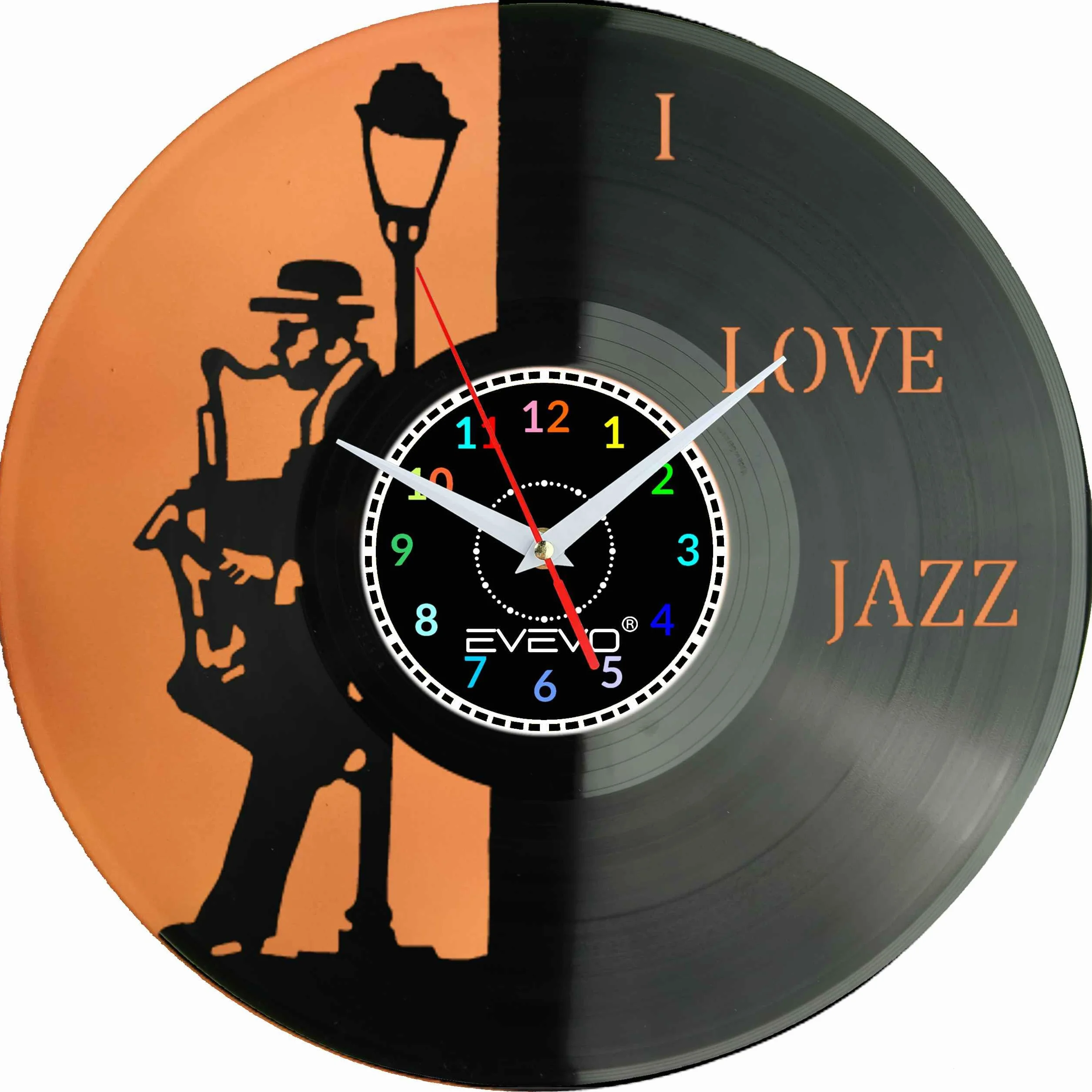 ZEGAR ŚCIENNY LOVE JAZZ MUZYKA SAKSOFON FLUORESCENCYJNE TŁO PŁYTA WINYLOWA PREZENT UPOMINEK GIFT SOUVENIR EVEVO F0077