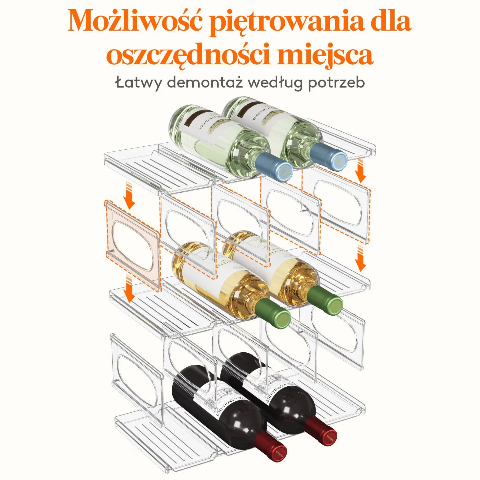 Lifewit Plastikowy stojak na wino do lodówki, szafki, blatu, uchwyt na butelkę wina, organizer na butelki wody, do lodówki, spiżarni, przezroczysty, pomieści 12 butelek