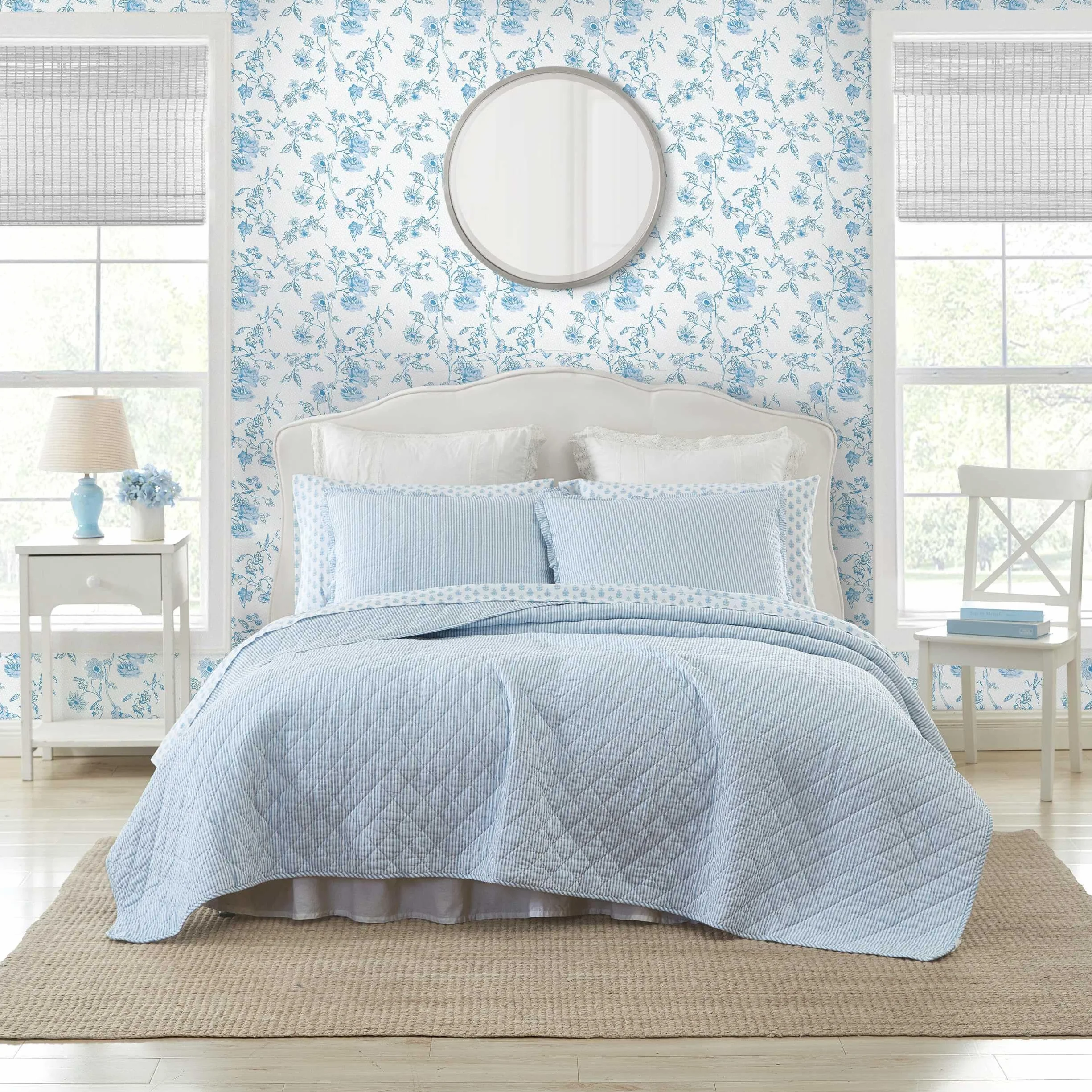 Laura Ashley - Quilt Set, Super Soft Bedding with Matching Sham, Casual Home Decor (Oxford Stripe Blue, King)