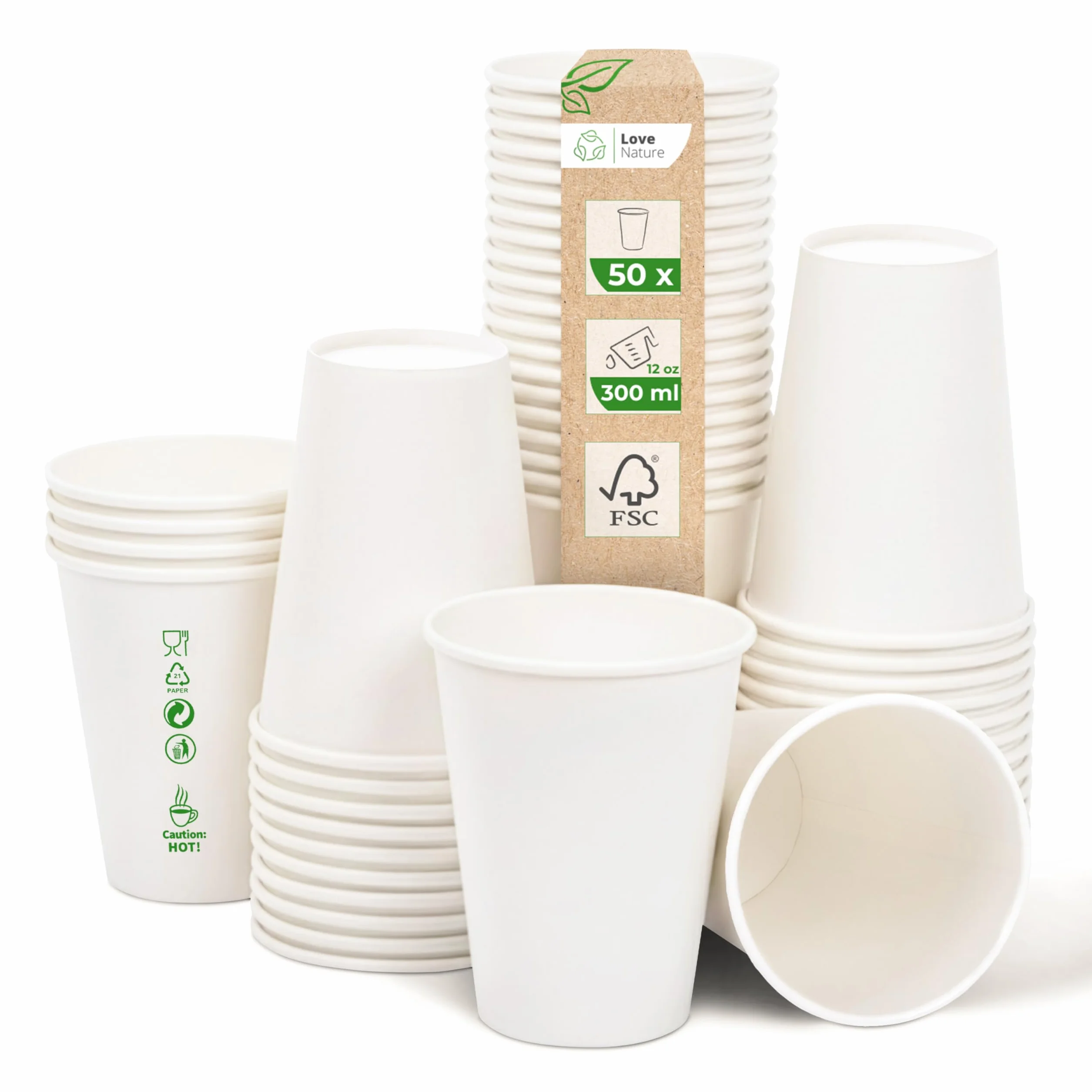 Love Nature Kubki papierowe Białe 300 ml 50 sztuk - Kubki jednorazowe - Kubek do kawy na wynos - Bez plastiku