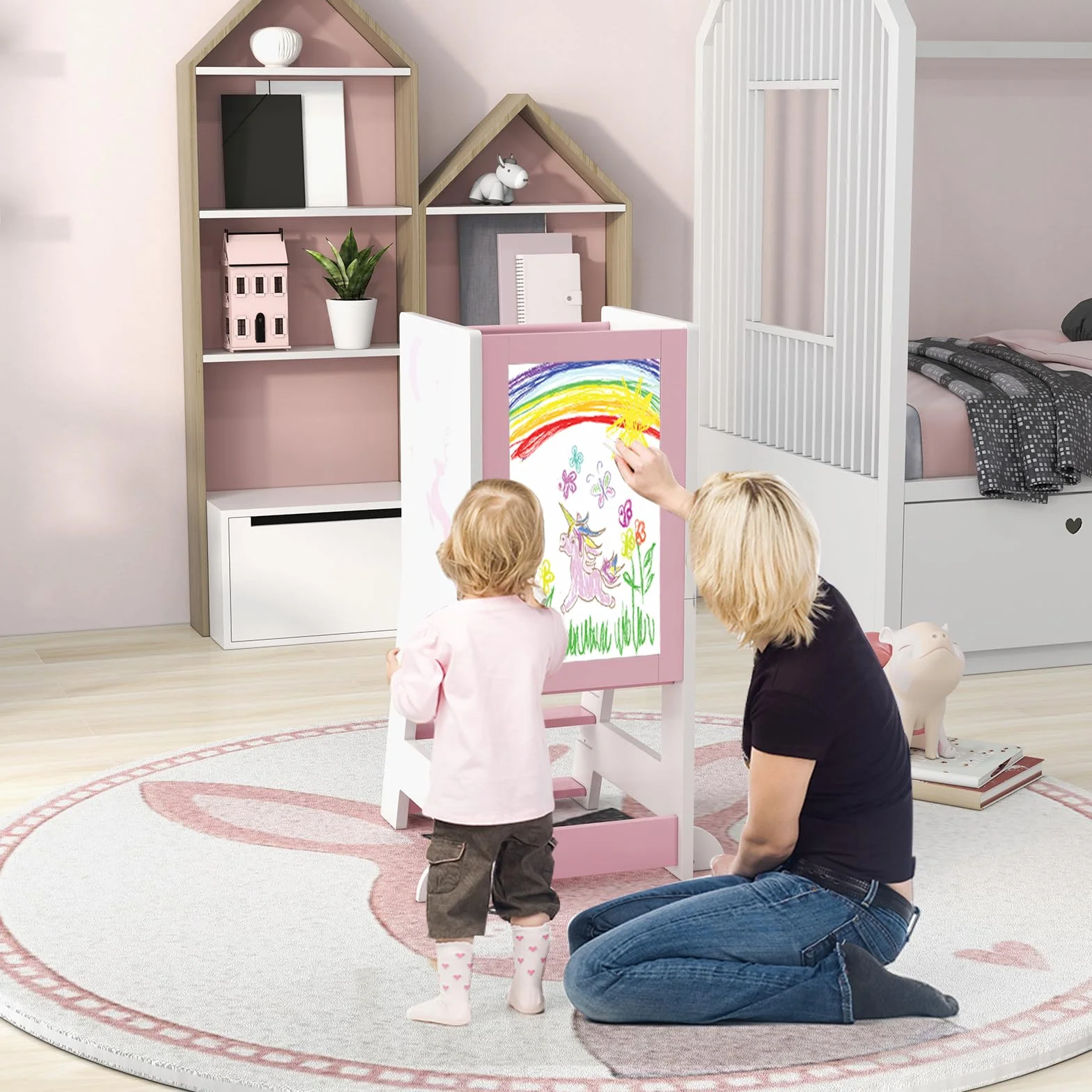 COSTWAY Wieża edukacyjna dla dzieci, 2 w 1, taboret do stąpania montessori z 3 regulowanymi wysokościami i dwustronną tablicą, stołek z 3 bolcami, pomocnik kuchenny dla dzieci od 1 lat, obciążenie 70