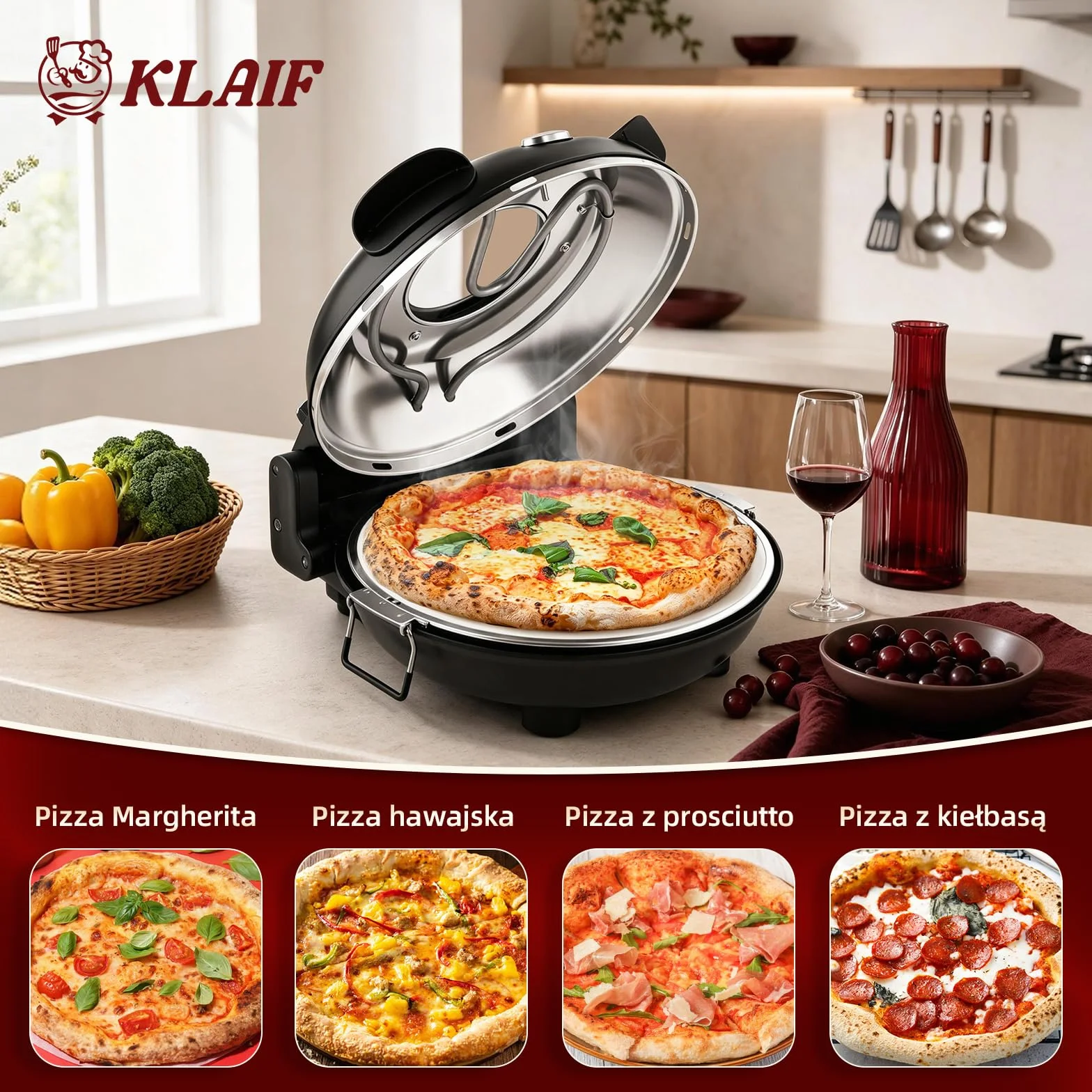 Klaif Elektryczny Piec do Pizzy, Termometr Widoczny & Szklane Okno, Ekspresowa 4-minutowa Piec do Pizzy z Kamieniem Ceramicznym 31cm, 5 Ustawień Temperatury (max 420°C), 1200W, LM-Czarny