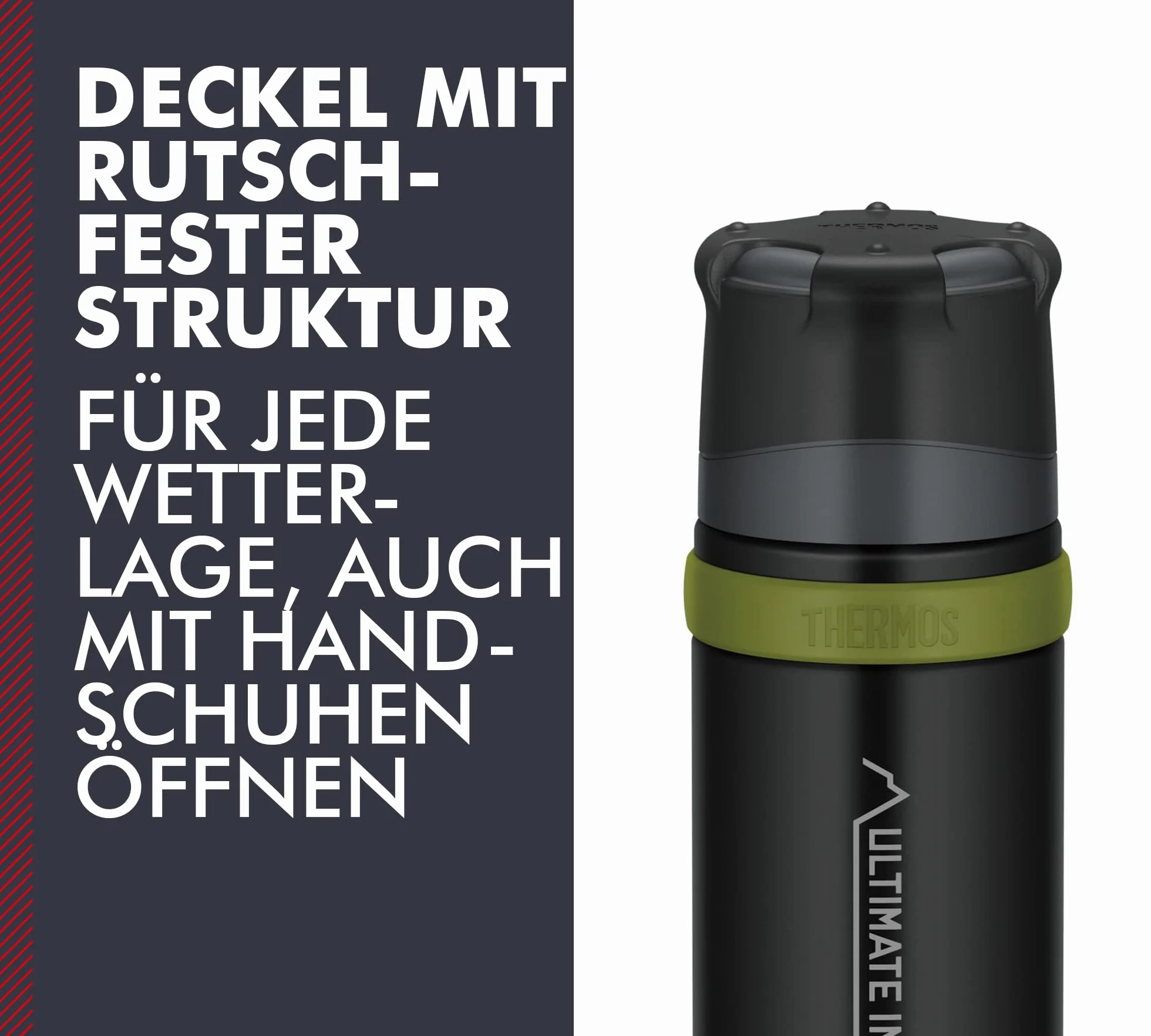 Thermos Mountain Beverage Bottle 0,50 l, czarna, termos ze stali nierdzewnej z kubkiem do picia, ciepła 24 h/zimna 24 h, lekka butelka outdoorowa, wytrzymała, rozkładane zamknięcie, nie zawiera BPA