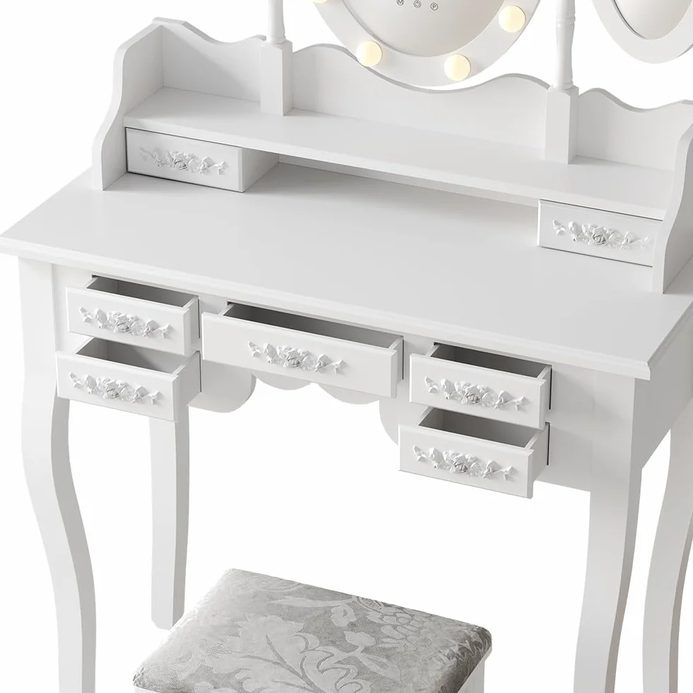 Vicco Stół do toalety "Diana", Biały, 90 cm | z oświetleniem i stołkiem, avec éclairage LED et tabouret, miroir réglable en hauteur