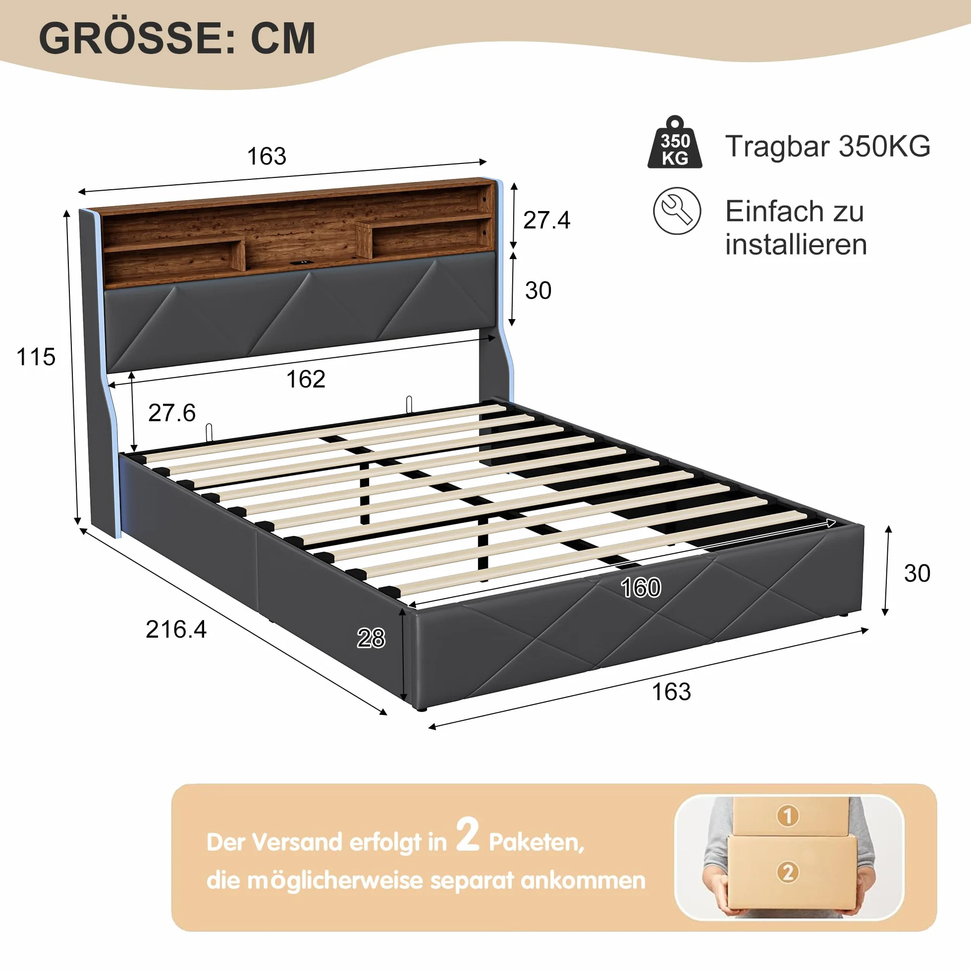 CDQL Łóżko tapicerowane 160 x 200 cm z miejscem do przechowywania, podwójne łóżko z zagłówkiem LED i przyłączem USB, zagłówek z miejscem do przechowywania, łóżko funkcyjne, nadaje się do sypialni i