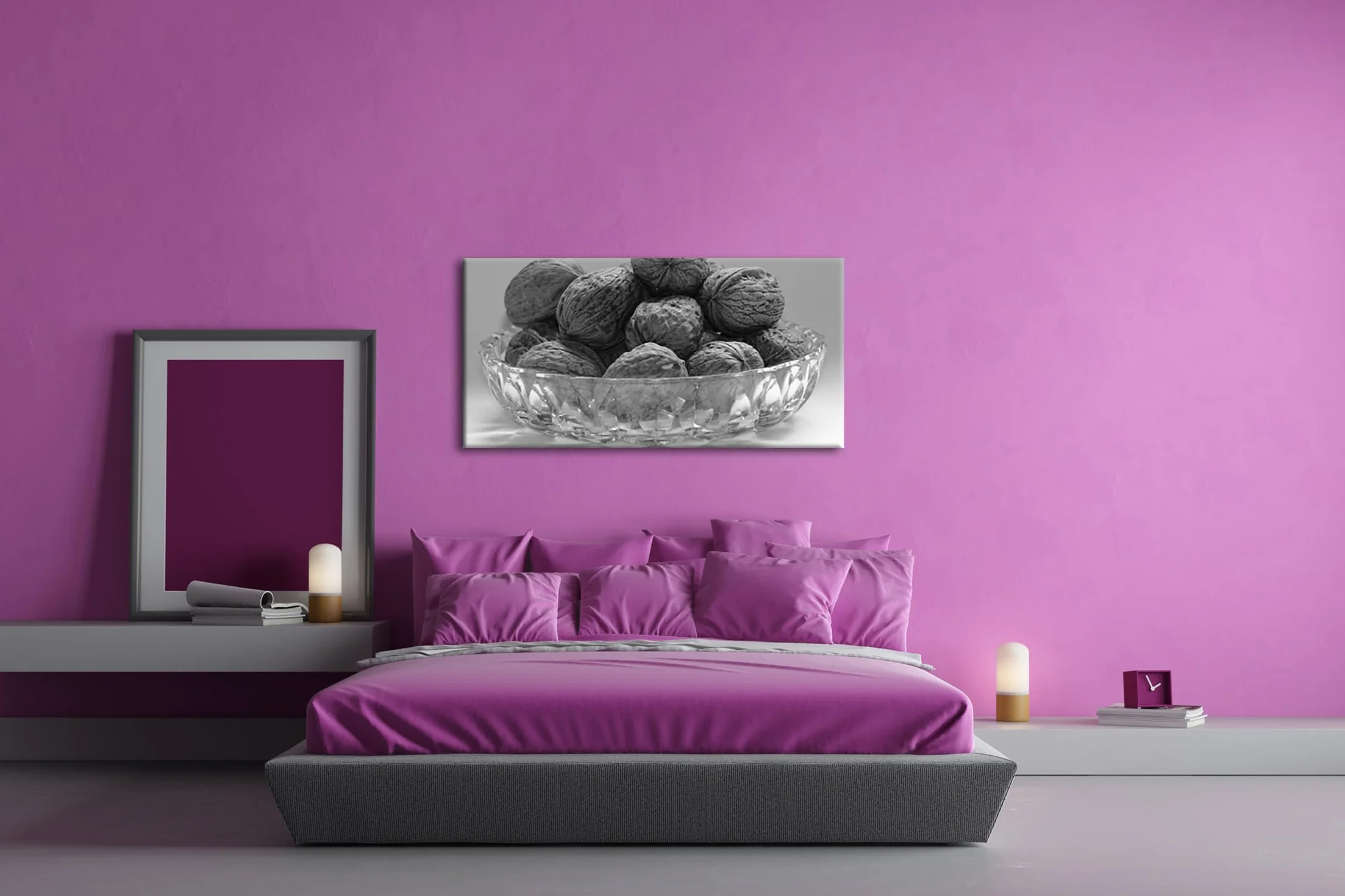Chrupiące orzechy włoskie w skorupie panorama 120 x 60 cm efekt: czarny/biały jako obraz na płótnie, motyw oprawiony na ramie z prawdziwego drewna, wysokiej jakości druk cyfrowy z ramą