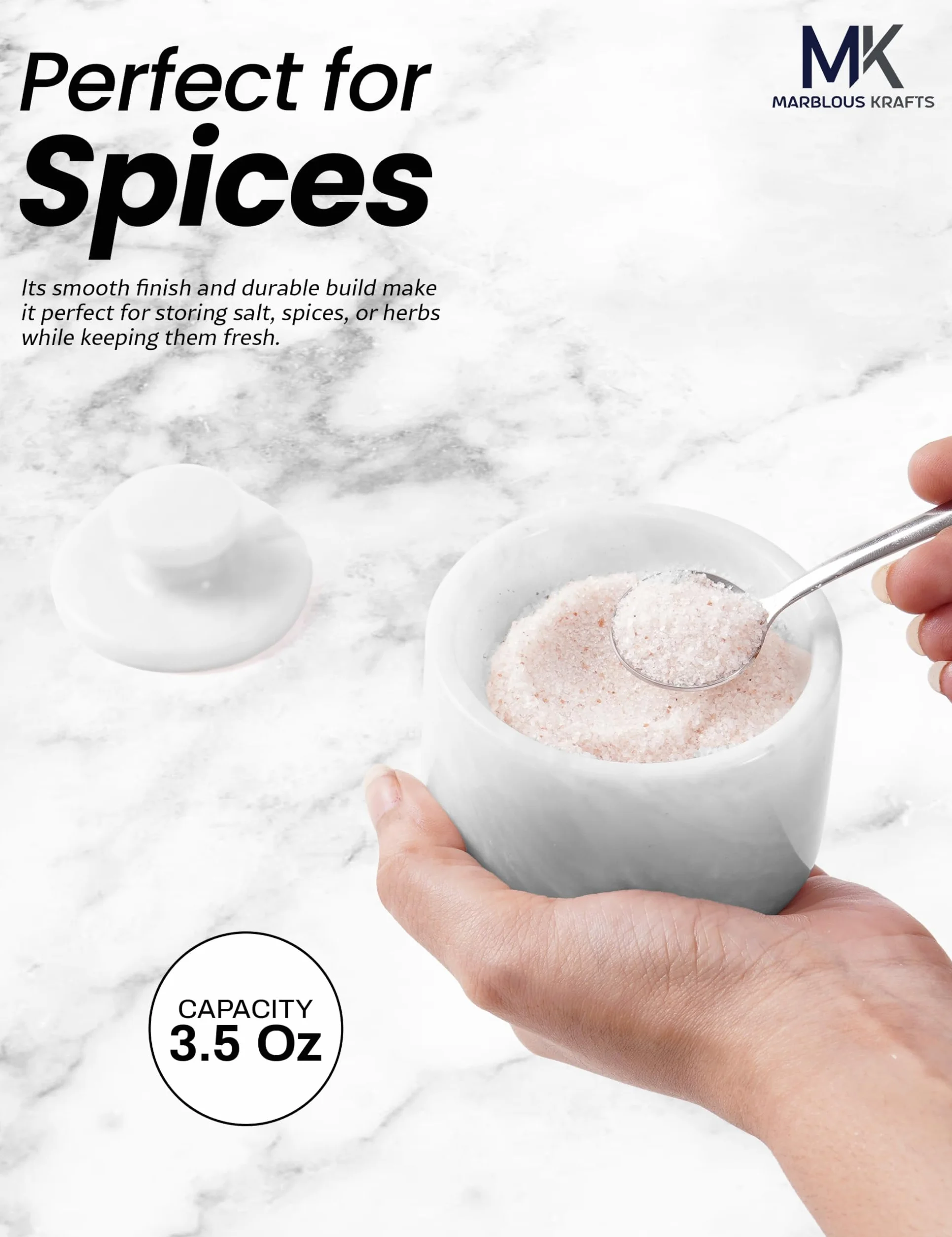 MARBLOUS KRAFTS Marmurowa piwnica na sól z pokrywką i łyżeczką 7,6 cm biały mały pojemnik na sól, słoik na przyprawy, blat do przechowywania przypraw, idealny do pudełka na sól, słoik na cukier
