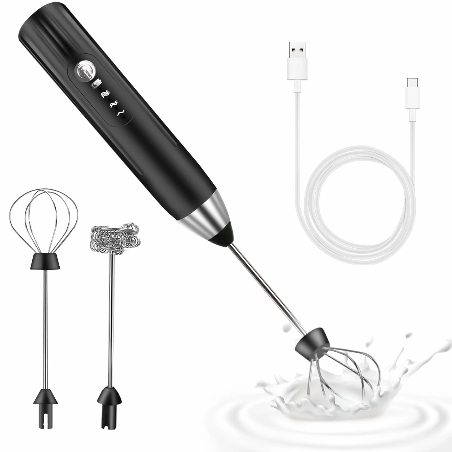 Spieniacz do mleka ładowany przez USB, elektryczny ręczny spieniacz do mleka, 3-biegowa pianka mleczna z trzepaczką do jajek, do kawy, matchy, gorącej czekolady, kremu, sosów, ciast, ze stali