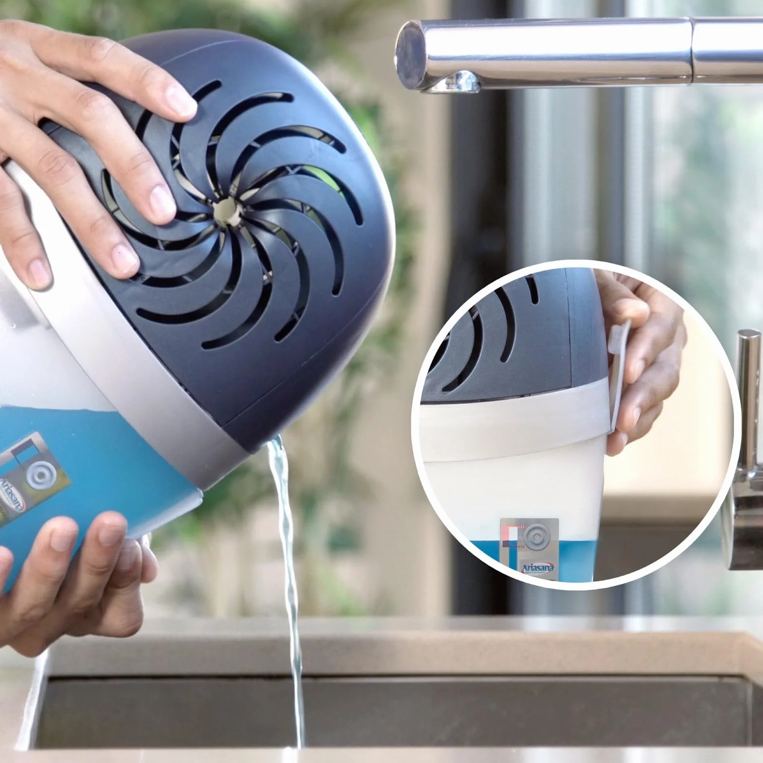 Ariasana Aero 360° Pochłaniacz wilgoci Antyzapachowy 2w1 Plastikowy osuszacz z recyklingu nieelektryczny zapobiega kondensacji pleśni i nieprzyjemnych zapachów z wkładem + 6 wkładów 450 g Bezwonny