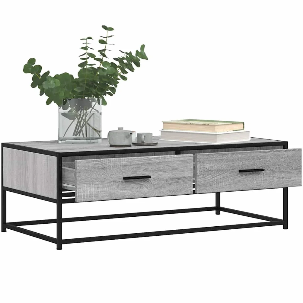 Hothingwell Stolik kawowy Sonoma szary 100x50x35 cm drewno inżynieryjne metal | Stabilna metalowa rama, odporna na korozję, wytrzymała góra, duży schowek na czasopisma i piloty zdalnego sterowania