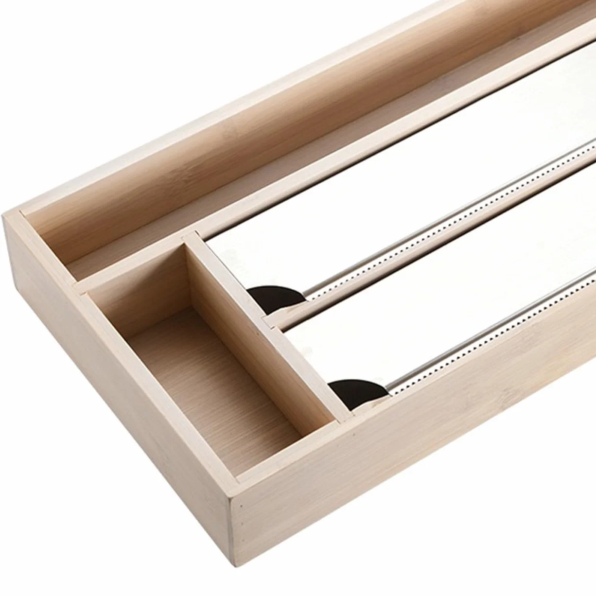 FSC Dozownik folii kuchennej na 2 rolki folii - białe drewno bambusowe FSC - z 2 płkami do przechowywania - dozownik folii do szuflad kuchennych do folii aluminiowej i gospodarstwa domowego