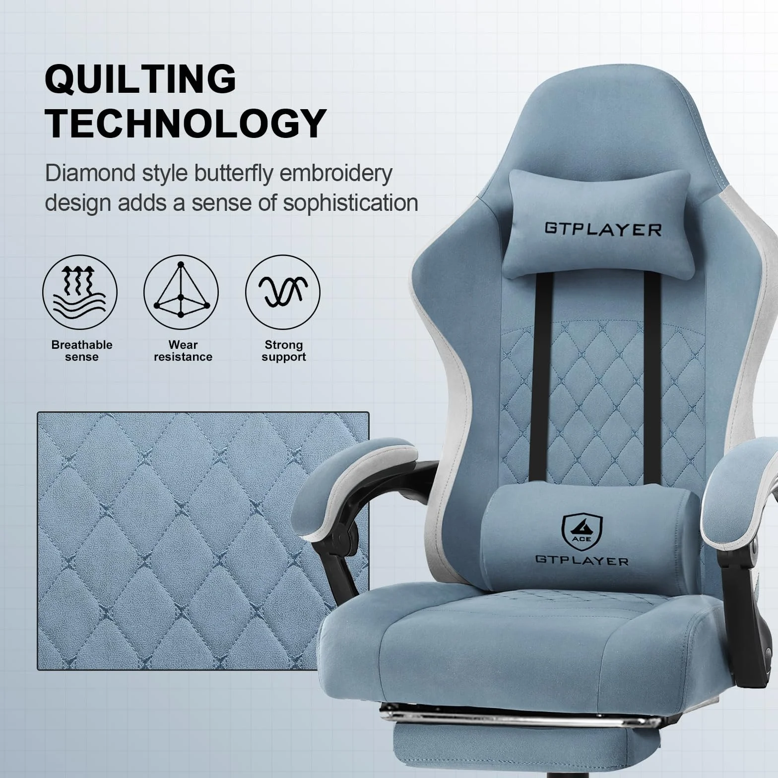 GTPLAYER Ergonomiczne krzesło do gier biurowych Fotel gamingowy, odchylany podłokietnik, z podnóżkiem Tkanina technologiczna Jasnoniebieski