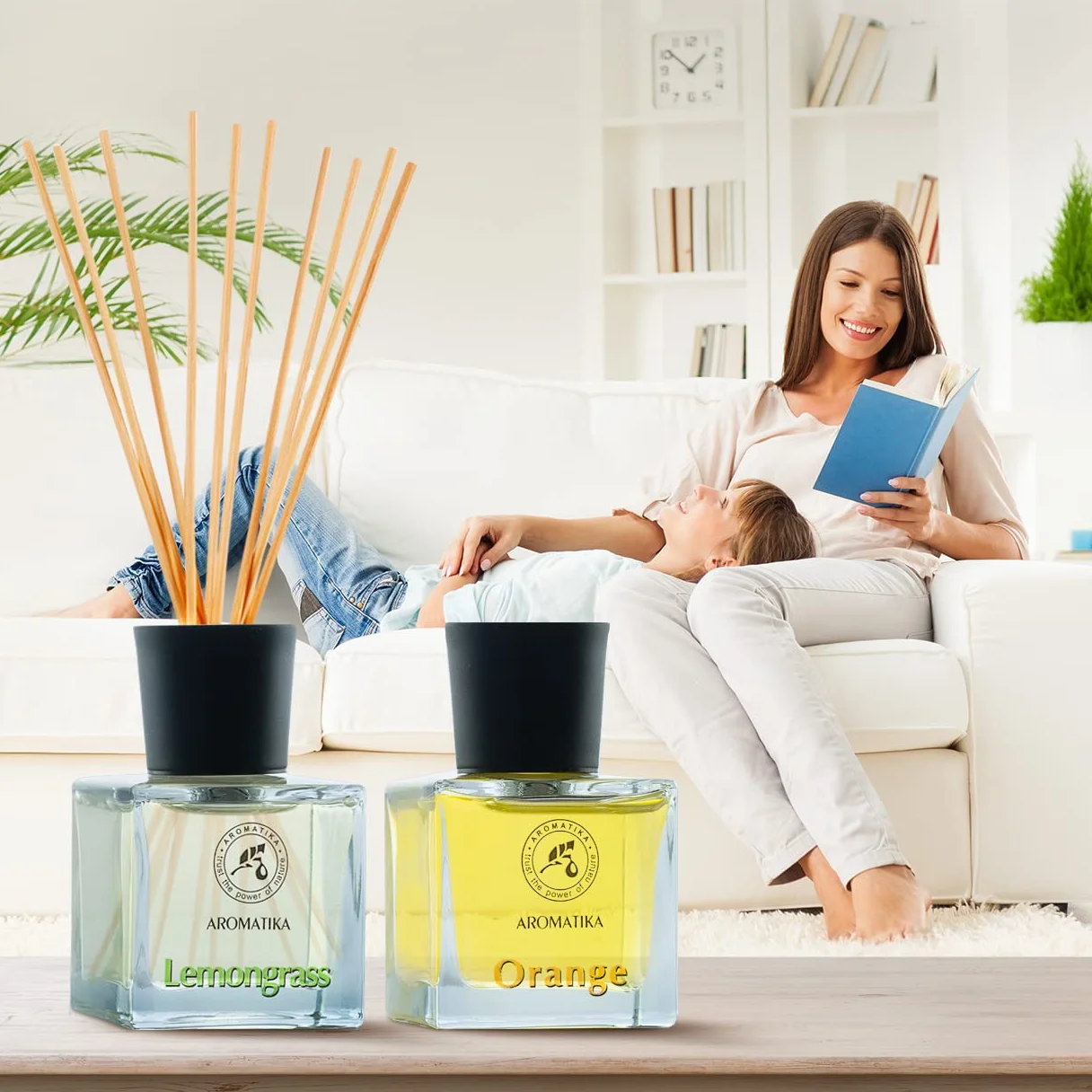 AROMATIKA Reed Diffuser Gift Set 2 x 50 ml with Natural Essential Oils Lemongrass & Orange - Scented Reed Diffusers with Bamboo Sticks - Perfect for Aromatherapy - Bedroom - Office - Home Diffusers