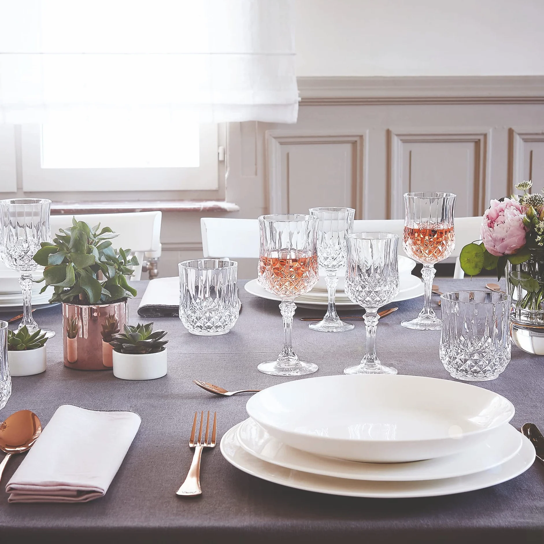 Cristal d'Arques Paris - Kolekcja Longchamp - 6 niskich kieliszków 32cl w Kwarx - Błyszczący, przezroczystość i wysoka wytrzymałość - Ikoniczne listwy - Wyprodukowano we Francji