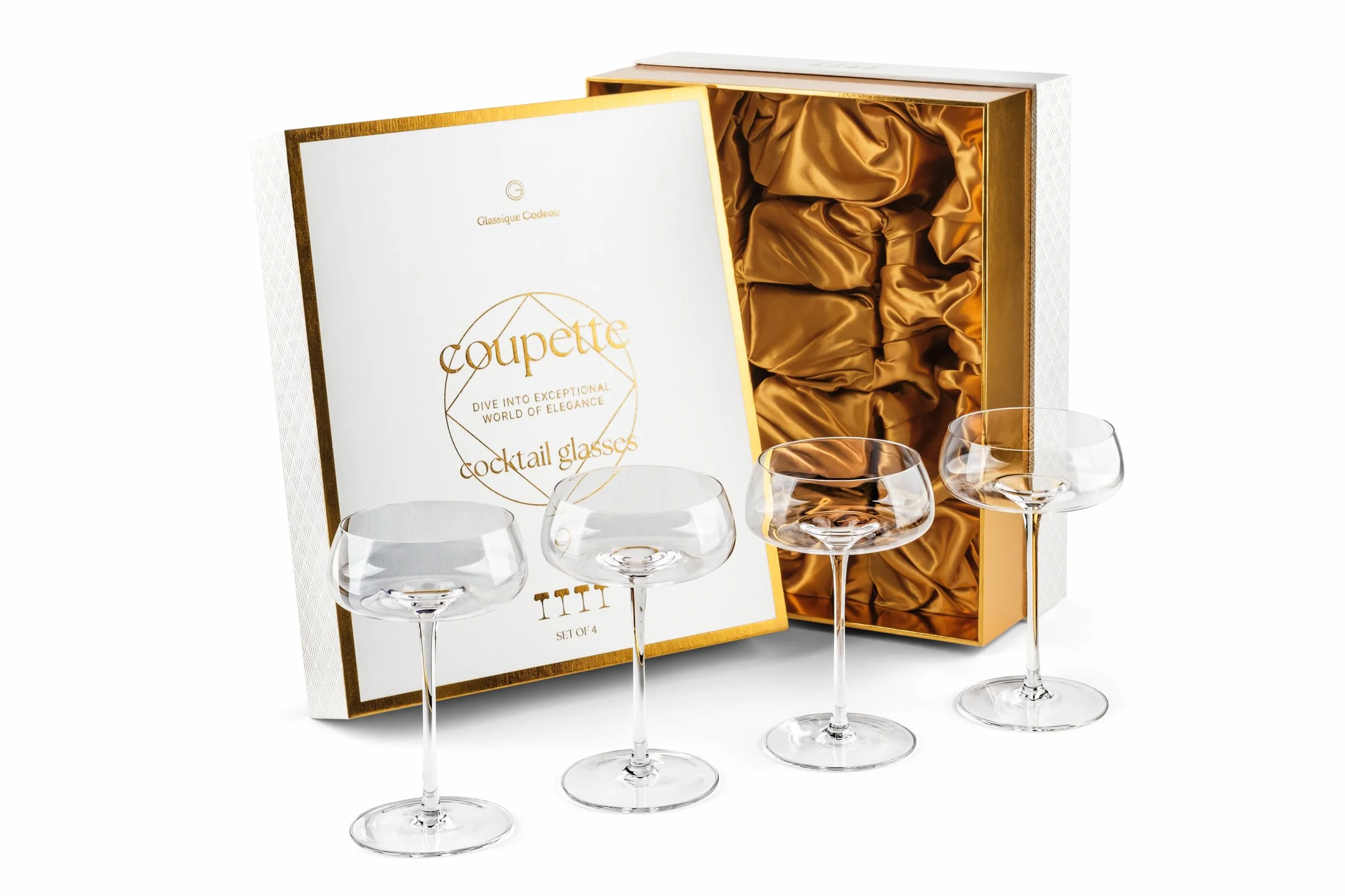 Coupette Kieliszki do koktajli Martini i miseczki do szampana | zestaw 4 szt. | eleganckie kryształowe szklanki koktajlowe 260 ml Coupe z długą nóżką do szampana, espresso Martini, Daiquiri