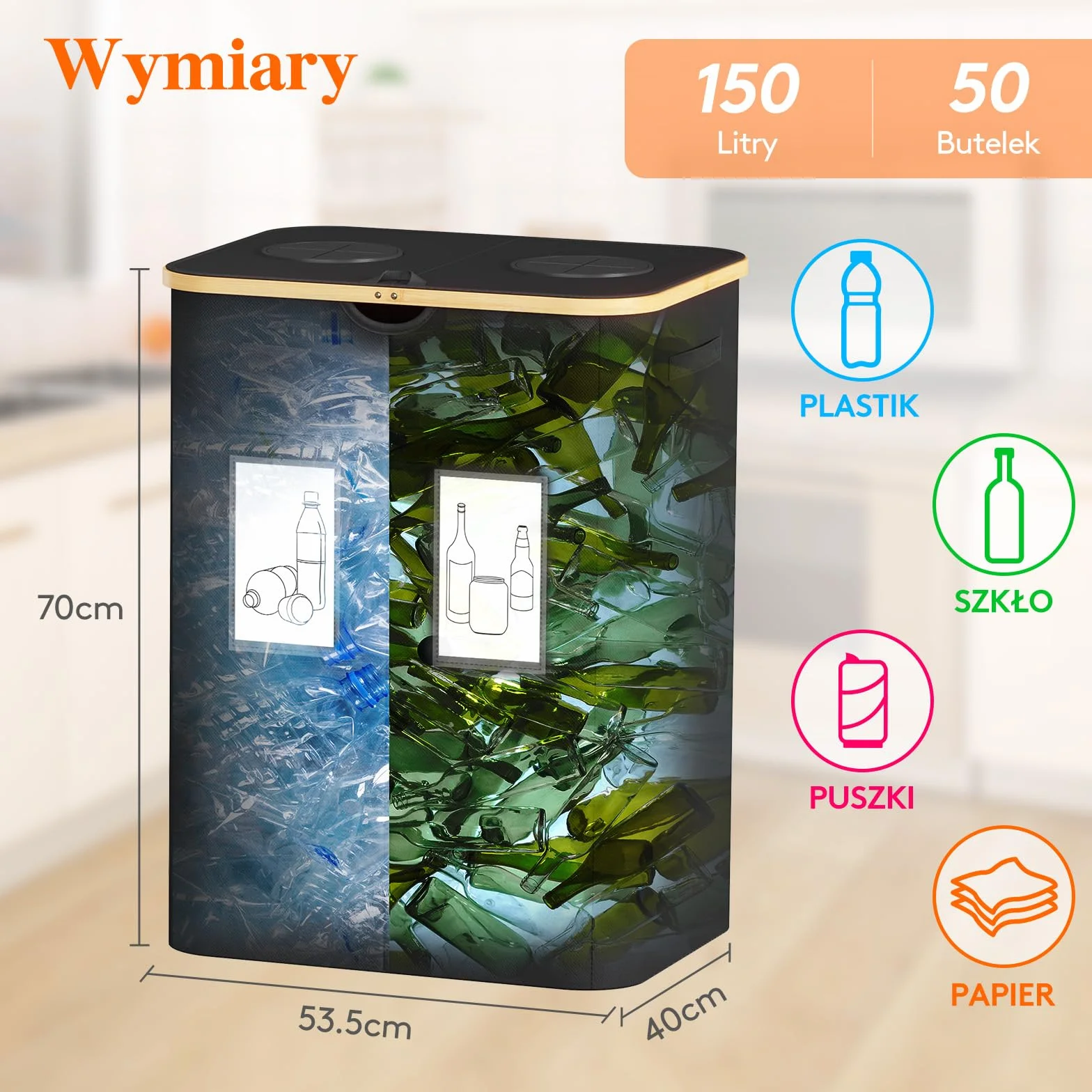 Lifewit Pojemnik Butelki z Pokrywą, 2 Komory 150 L, Pojemnik do Selektywnego Sortowania Butelek Plastikowych i Szklanych, Recyklingu na Zewnątrz Otworem, Przechowywania w Kuchni, Czarny