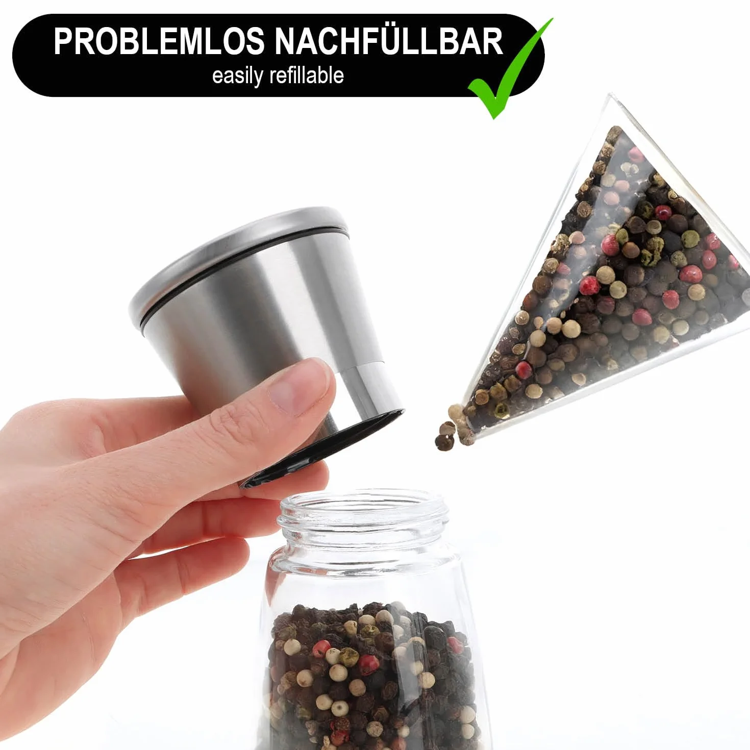 COM-FOUR® 2-czesciowy zestaw mlynków do soli i pieprzu ze szkla i stali nierdzewnej z ceramicznym mlynkiem - eleganckie akcesoria kuchenne - nowoczesny mlynek do przypraw (02 sztuki - z pokrywka)
