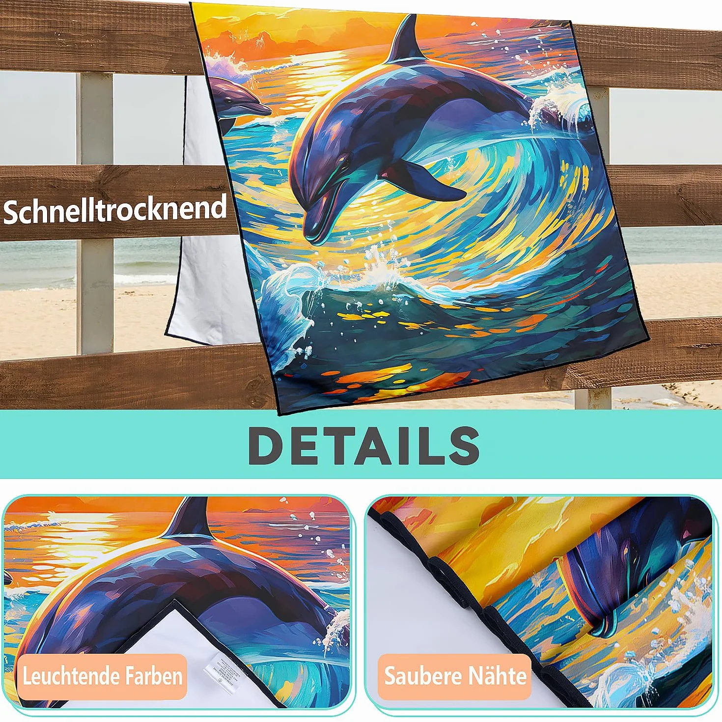 Ręcznik plażowy delfiny, 90 x 180 cm, szybkoschnący, bez piasku, zachodu słońca, zwierzęta, ręcznik plażowy, fale, ręcznik plażowy, duży ręcznik kąpielowy, przenośny, lekki i cienki