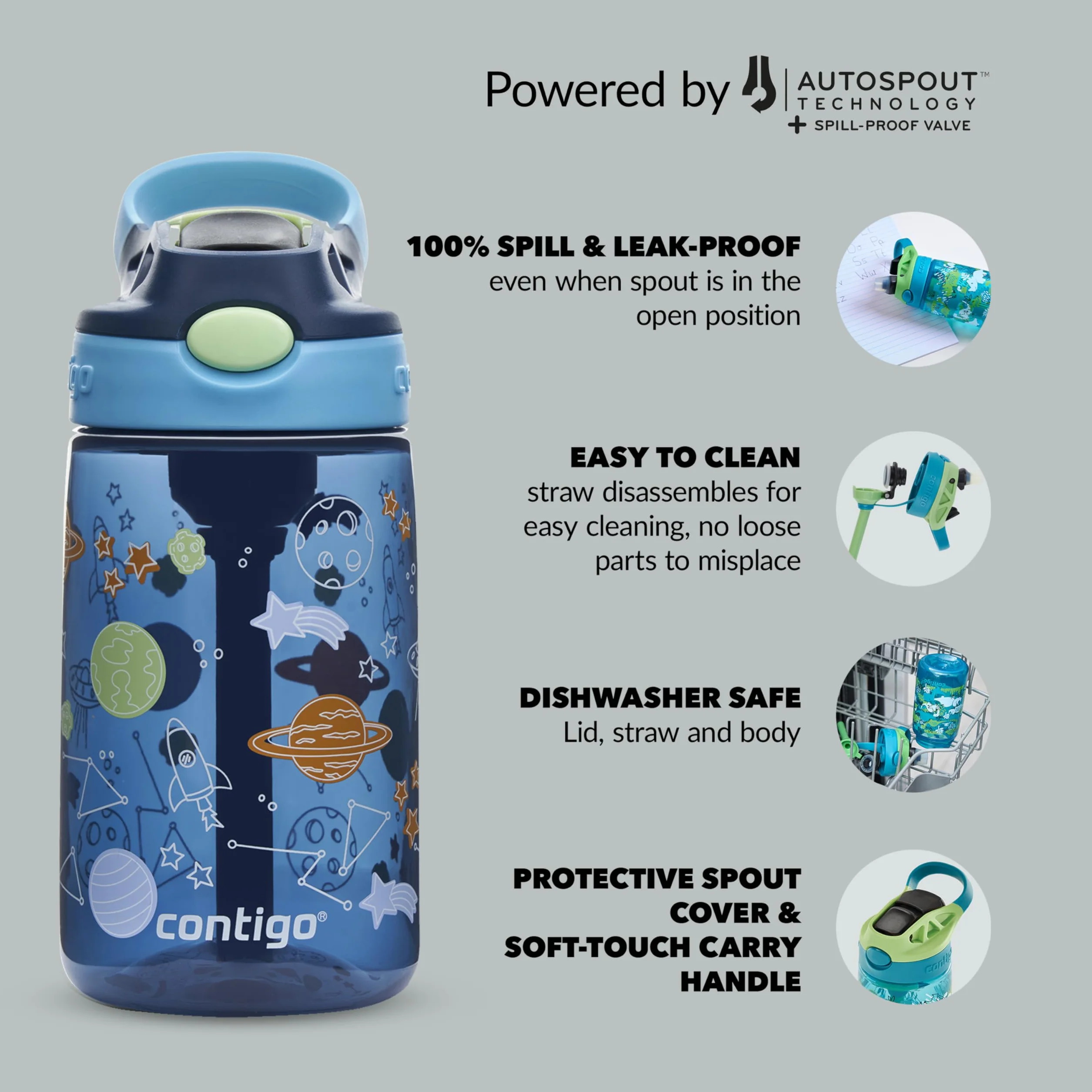 Contigo Easy Clean Autospout butelka dla dzieci, ze słomką, bez BPA, wytrzymała, 100% szczelna, łatwa do czyszczenia, idealna do przedszkola, szkoły, 420 ml, Blueberry Cosmos