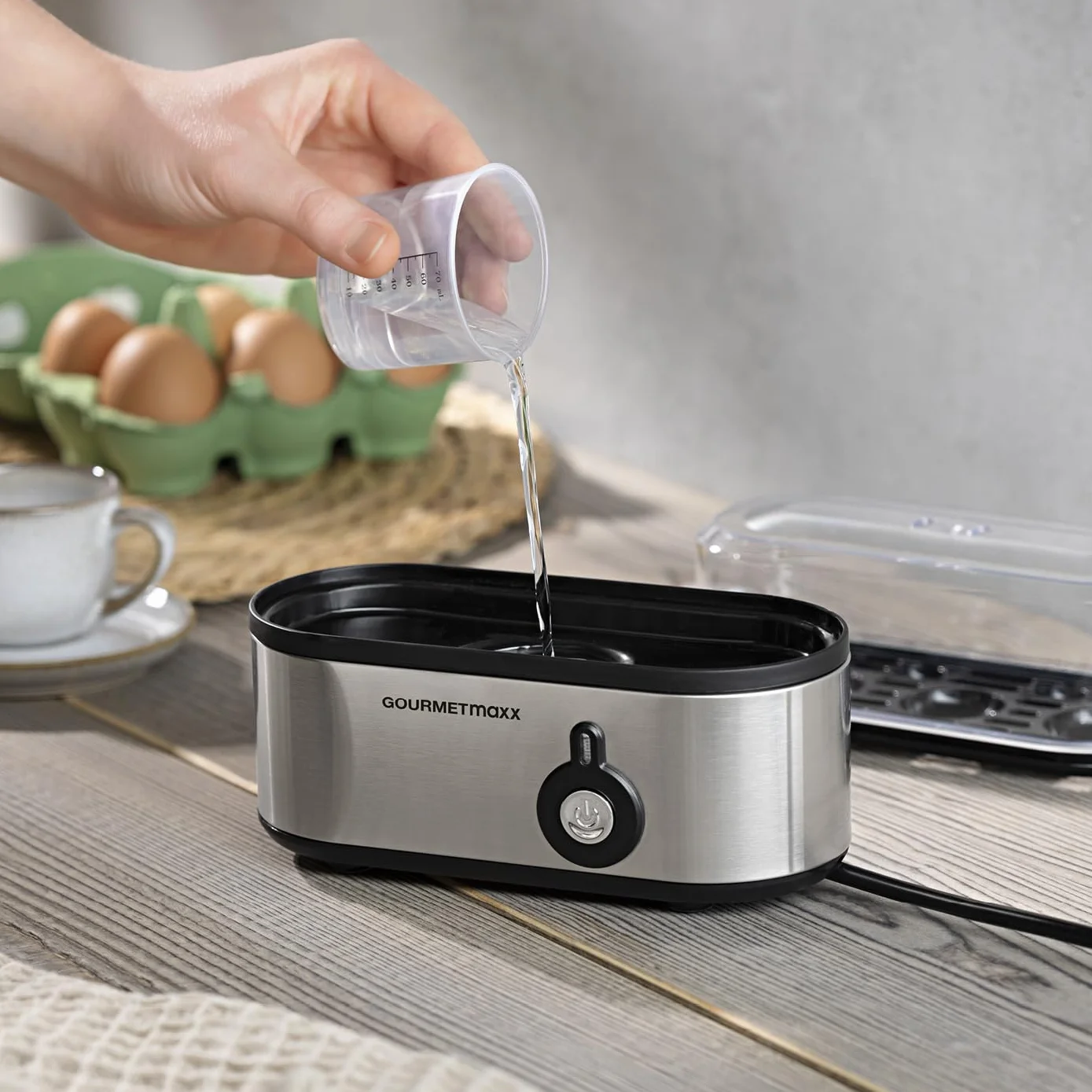 GOURMETmaxx Jajowar na 3 jajka | bojler do jajek z wykrawaczem do jajek w miarce | Egg Cooker – 3 stopnie twardości do kieliszków do jajek | Design mały jajowar – części nadające się do mycia w