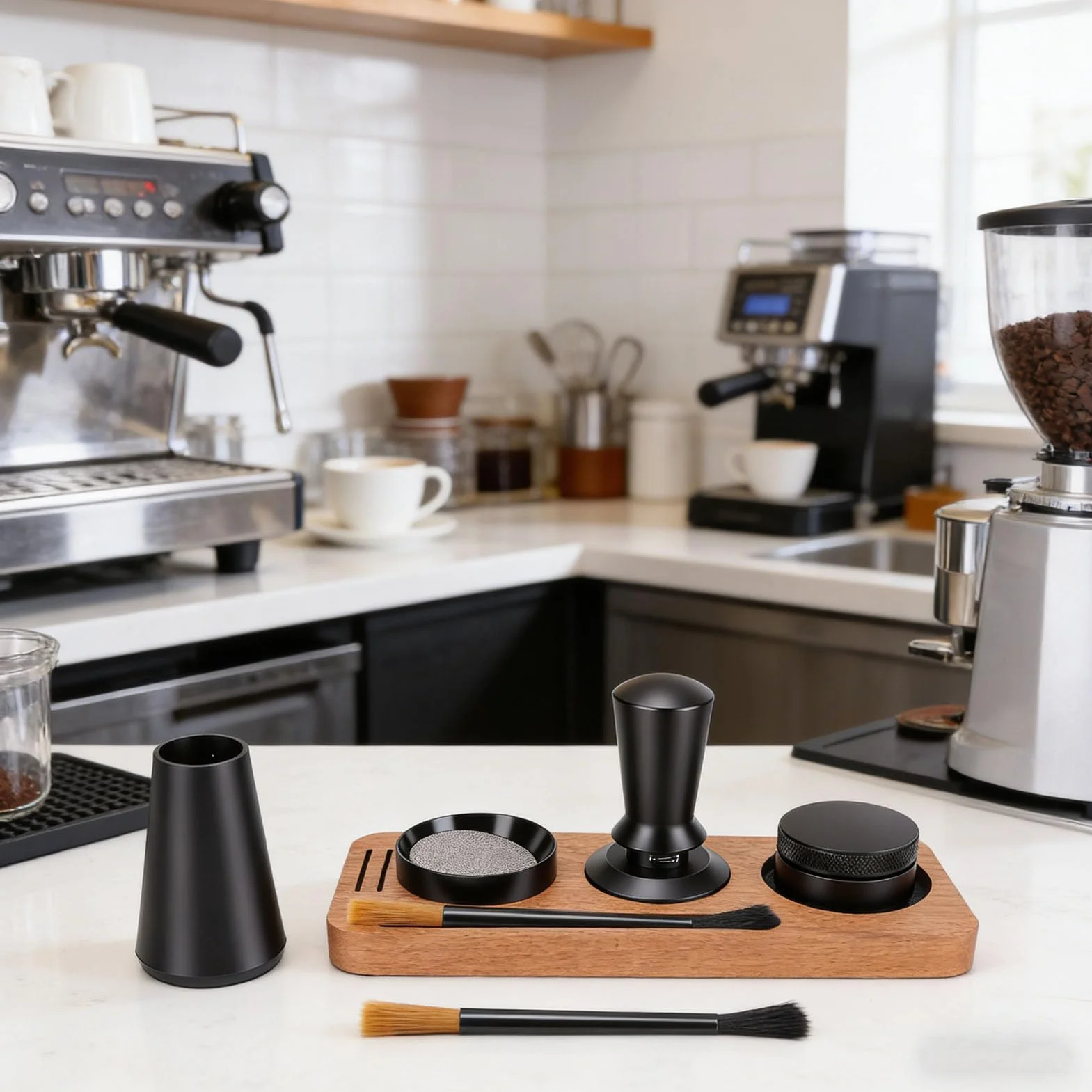 Fockety Zestaw Akcesoriów do Espresso 7 szt., Zestaw Narzędzi do Espresso z drewnianą stacją Ubijania, Dystrybutor, Ubijak Kawy, Lejek Dozujący, Szczotka