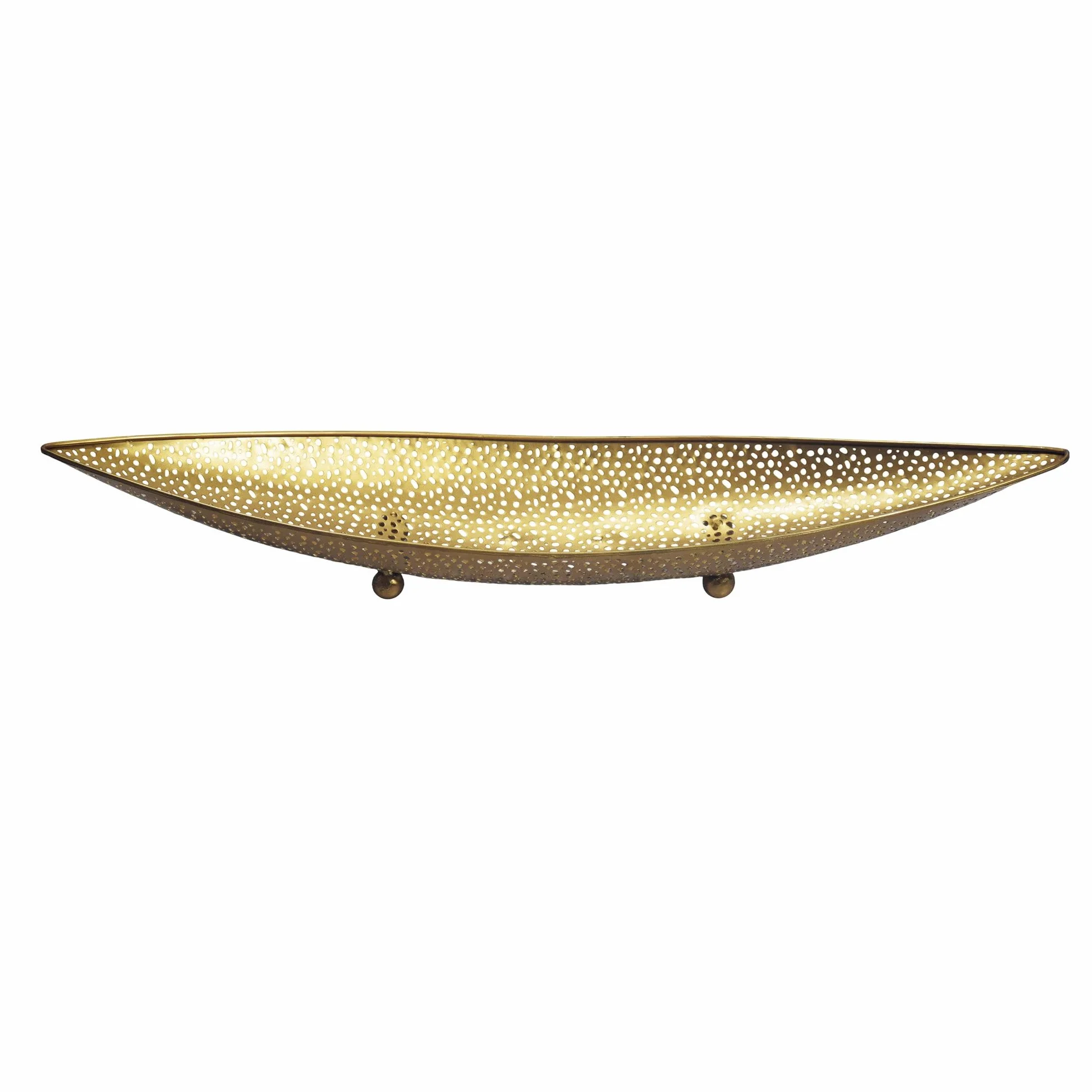 WOHNLING Misa na owoce 60 x 16 x 9 cm aluminium złota ręcznie robiona | podłużny kosz na owoce w kształcie łodzi, ręcznie robiony metalowy kosz na owoce, ażurowa misa, dekoracja stołu do kuchni