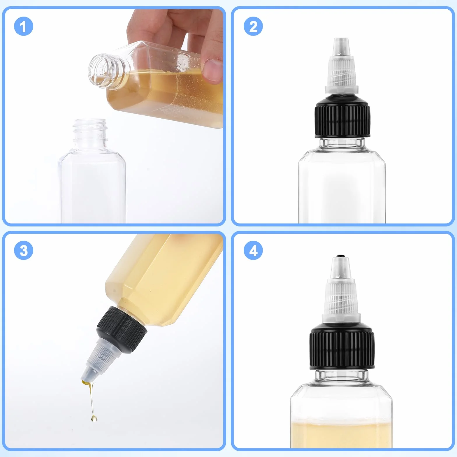 Qianyu 4 butelki do wyciskania, 100 ml, małe butelki z zakrętką, szczelne, na przyprawy płynne, sosy sojowe, ocet, syrop, ketchup, do majsterkowania, kuchni