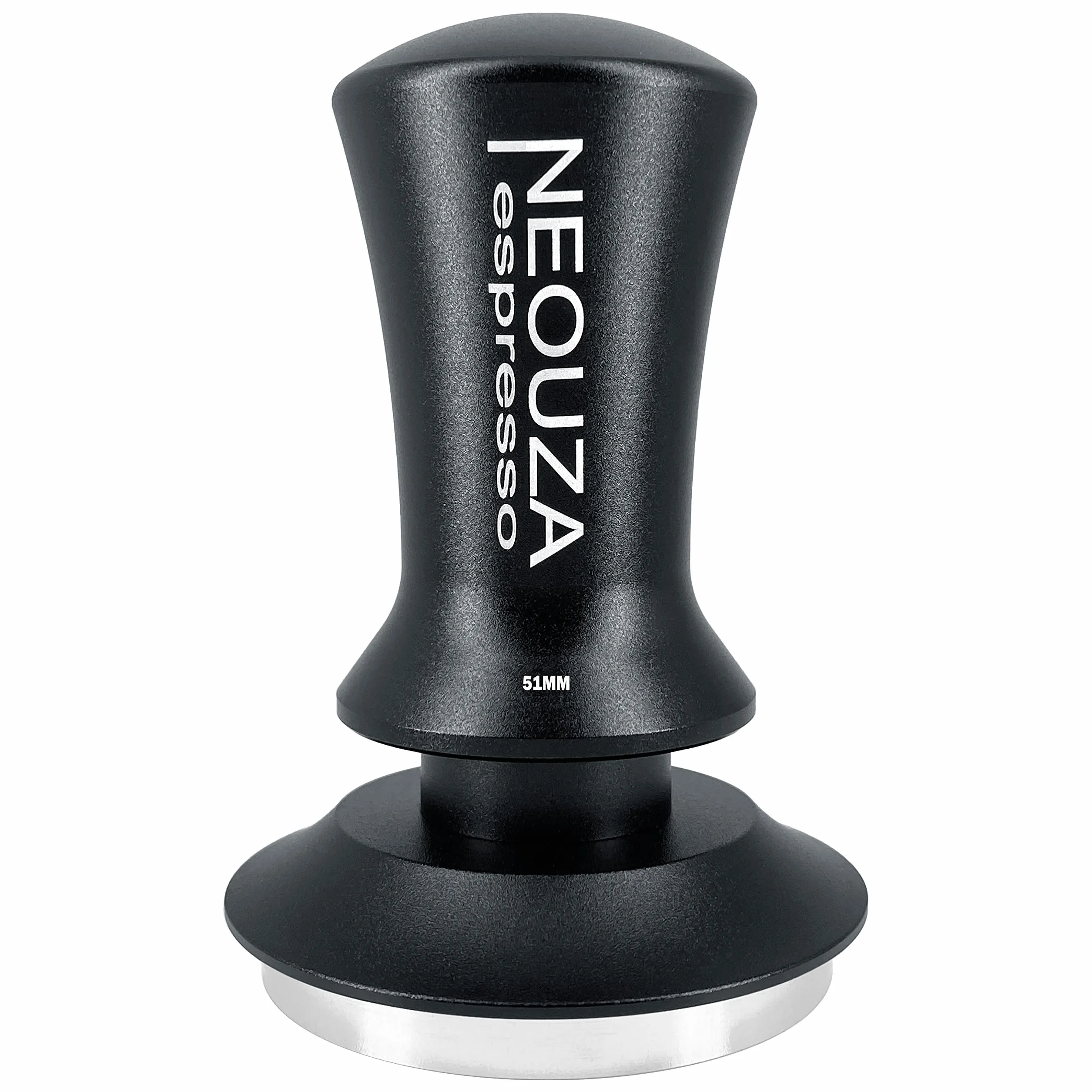 NEOUZA Tamper sprężynowy do espresso, akcesoria do kawy, narzędzie antyadhezyjne, samopoziomujący, wyrafinowany uchwyt, płaska podstawa ze stali nierdzewnej, 51 mm, matowa czerń