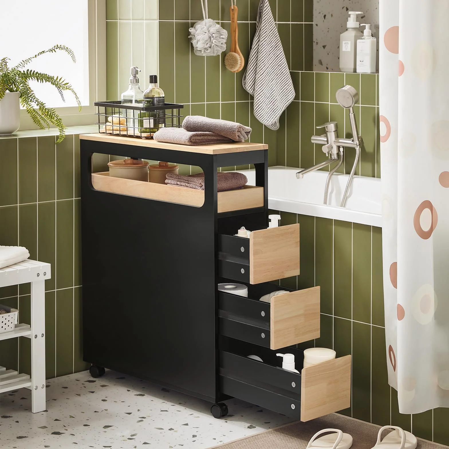 SoBuy Szafka łazienkowa na kółkach, wąska szafka łazienkowa z 3 szufladami – kompaktowa komoda z drewna, ruchoma szafka wnękowa do małych łazienek, WC i kuchni, czarna, 65 x 24 x 82 cm, BZR54-SCH