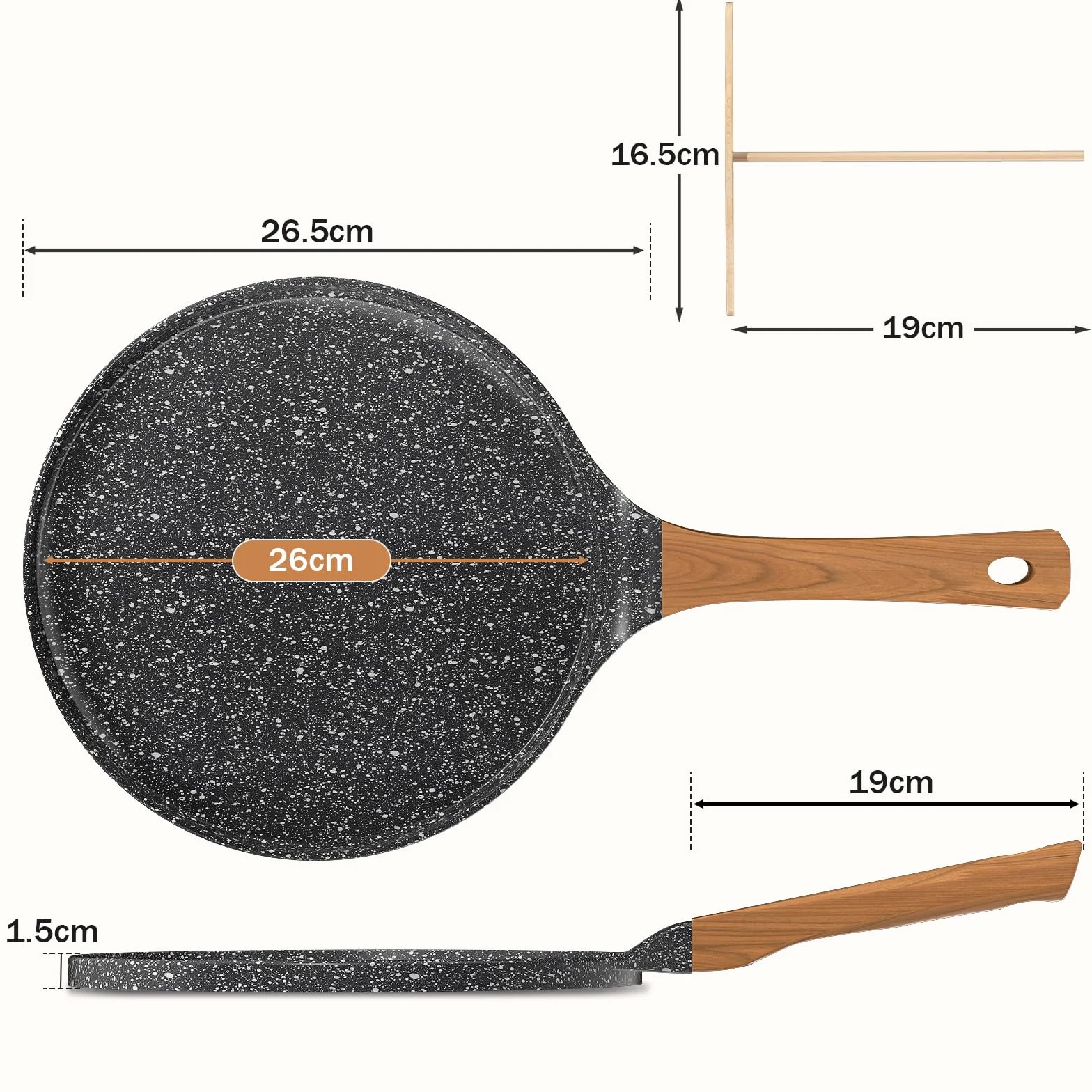 YASHE Nieprzywierająca patelnia do naleśników 26 cm, kompatybilna z indukcją, z drewnianą szpatułką, łatwa do czyszczenia, idealna do naleśników, naleśników i omletów