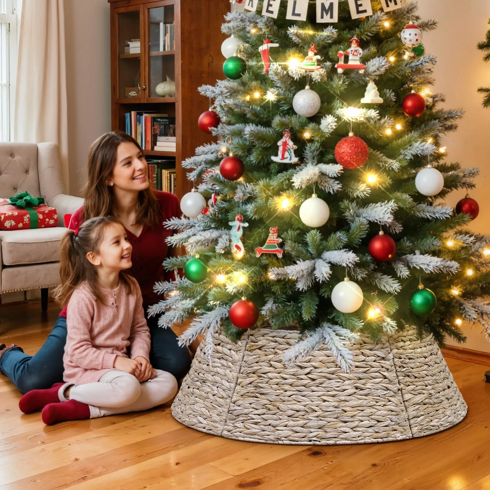 Lanpn Pokrowiec na choinkę 61cm obroża choinkowa spódnica pod choinkę rattanowa wiklinowa dekoracja Biały