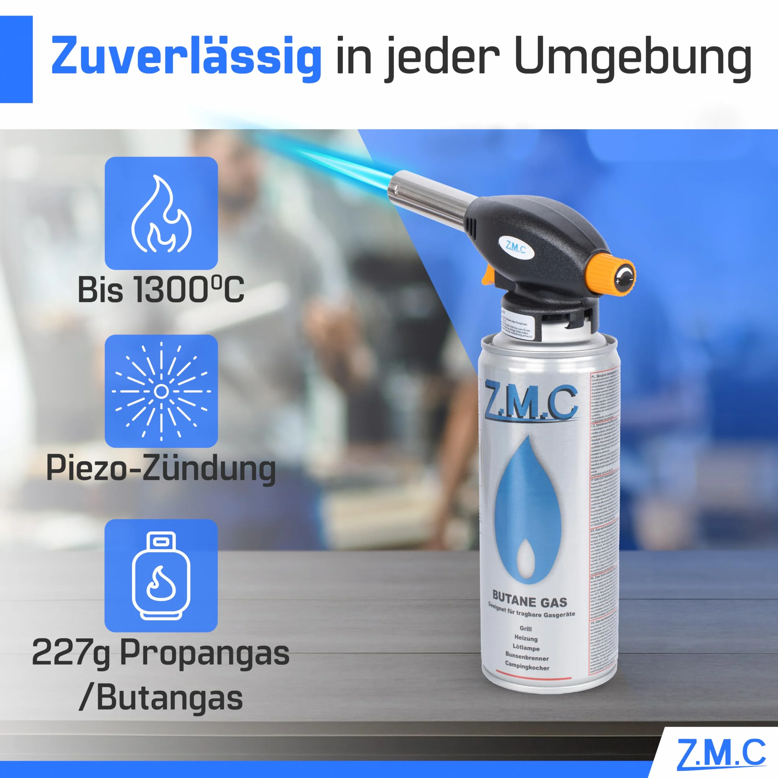 Z.M.C Palnik gazowy + 4 x kartusze gazowe 227 g, palnik do flambira, temperatura do 1300°C, palnik spawalniczy z zapłonem piezoelektrycznym, palnik do lutowania 1,3 kW, nasadka palnika z regulowanym