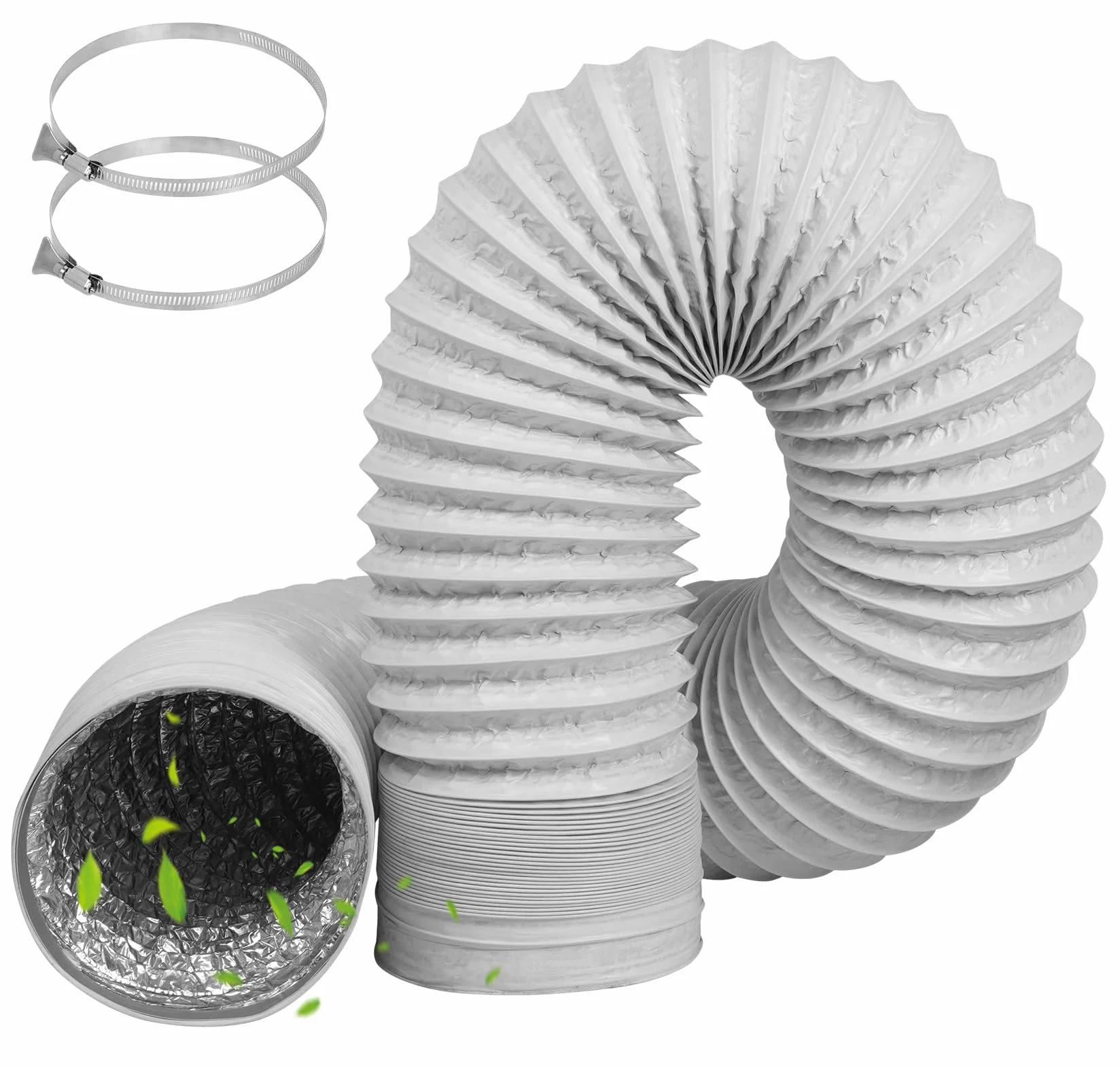 Wąż powietrza wylotowego 100 mm średnicy, długość 2 m, elastyczna rura wylotowa 100 mm, rura aluminiowa PCW, z 2 obejmami do węża ze stali nierdzewnej, biały wąż powietrza wylotowego, suszarka