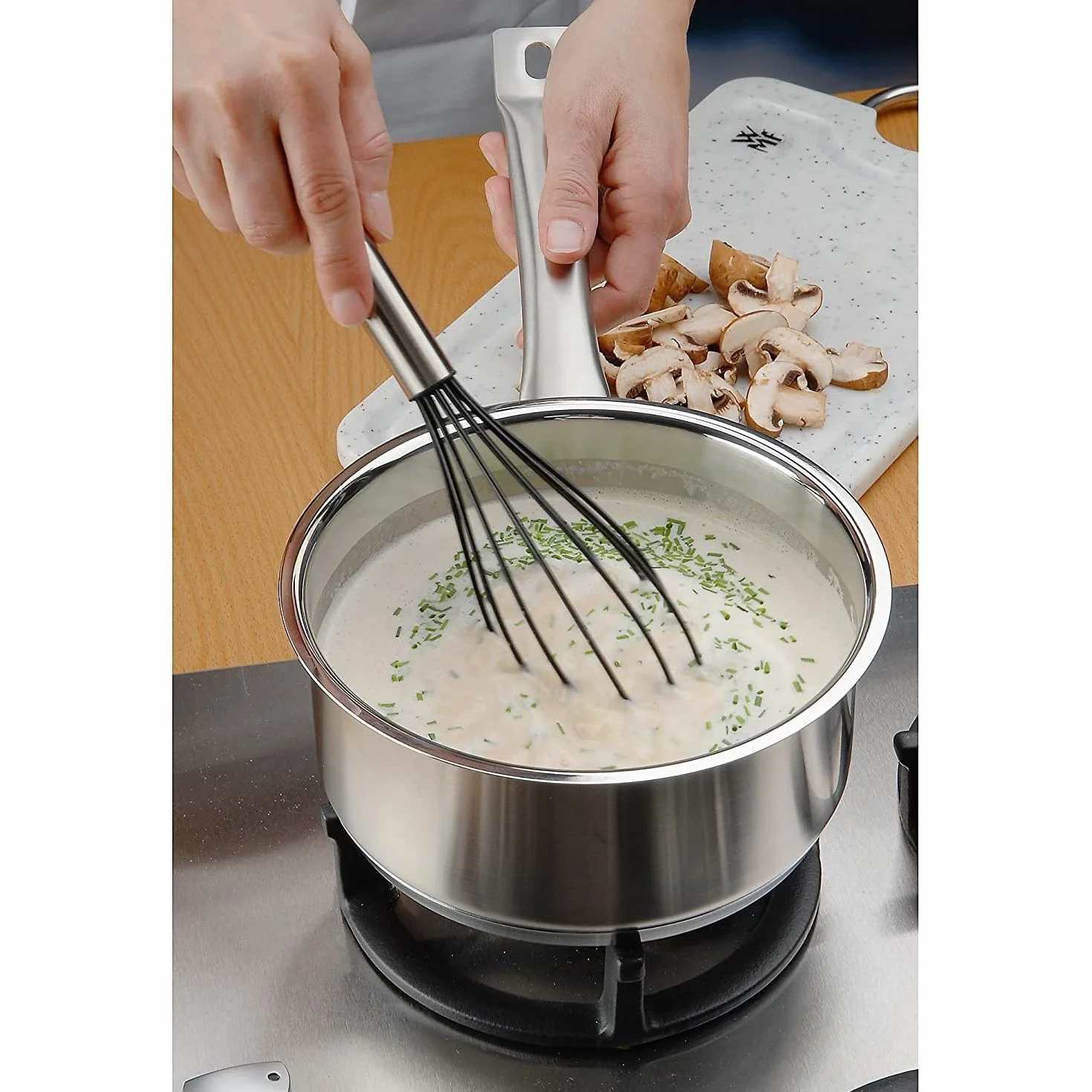WMF Profi Plus Trzepaczka z Drutami Silikonowymi 25 cm, Matowa Stal Nierdzewna Cromargan, Silikon, Nadaje Się do Mycia w Zmywarce, Odporna na Temperaturę do 200°C