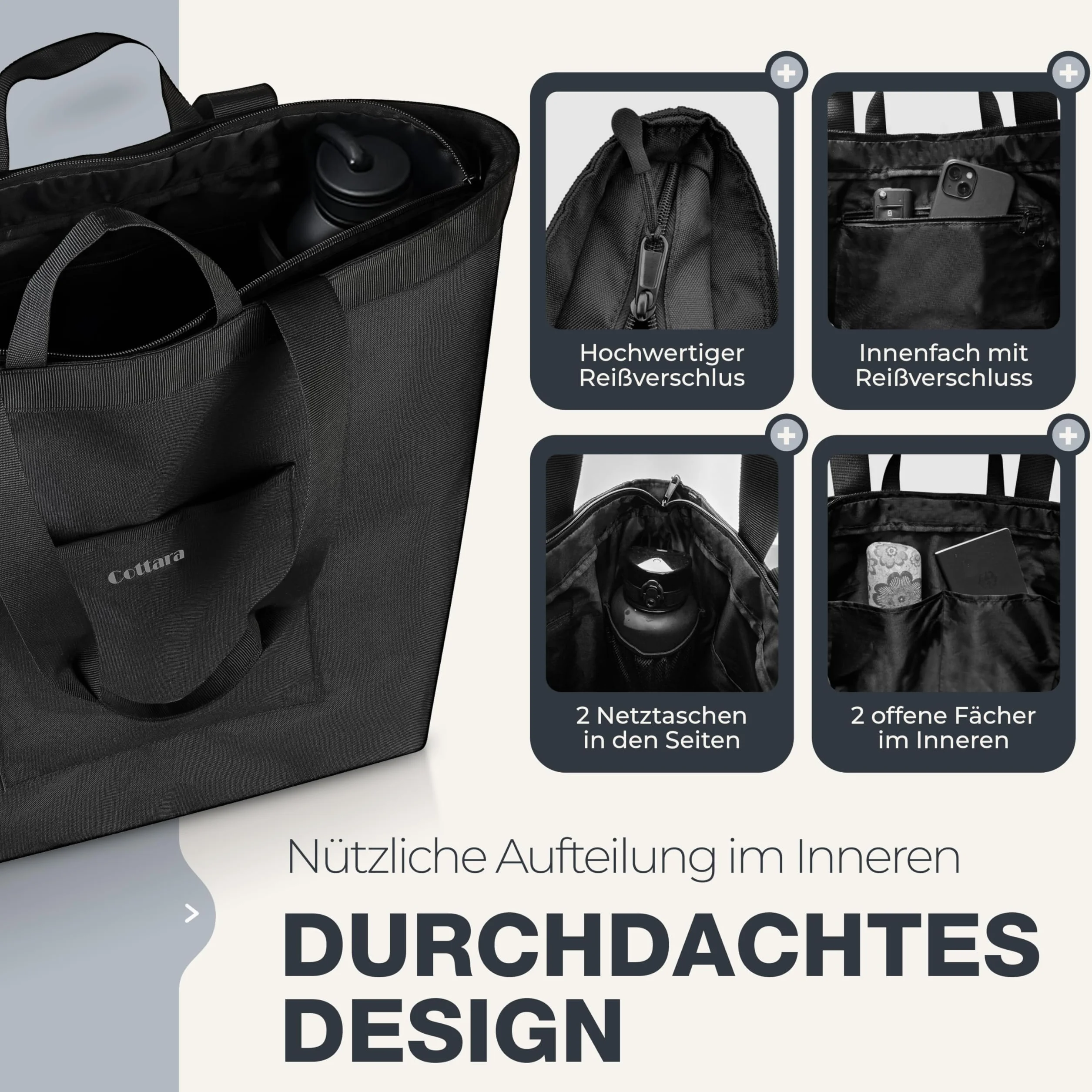 COTTARA® Torba na zakupy, składana, duża, z zamkiem błyskawicznym, wzmocnionym dnem i wodoodpornym materiałem, idealna jako torba rekreacyjna, torba na zakupy lub torba kąpielowa, czarna, 40 l