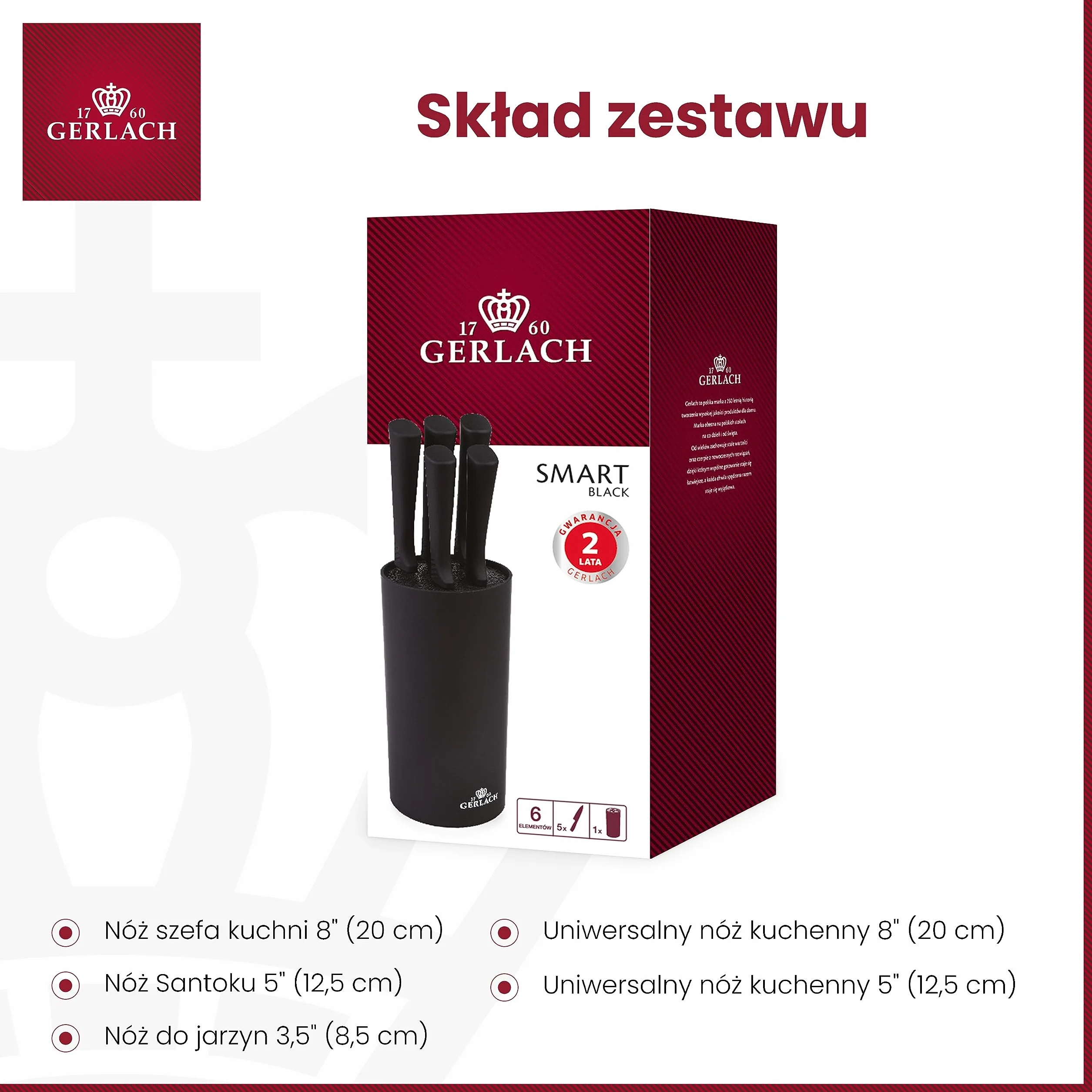 Gerlach Smart Black Zestaw Noży w Bloku, Czarny, 5 Sztuk