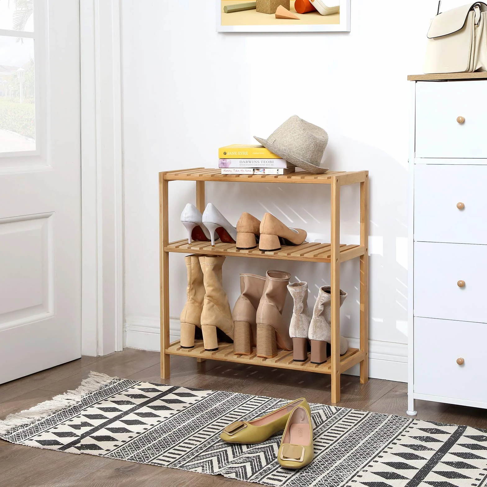 SONGMICS BCB33Y Regał bambusowy do łazienki, kuchni, regału na buty, 60 x 26 x 66 cm, idealny do łazienki, salonu, przedpokoju, kuchni lub balkonu.