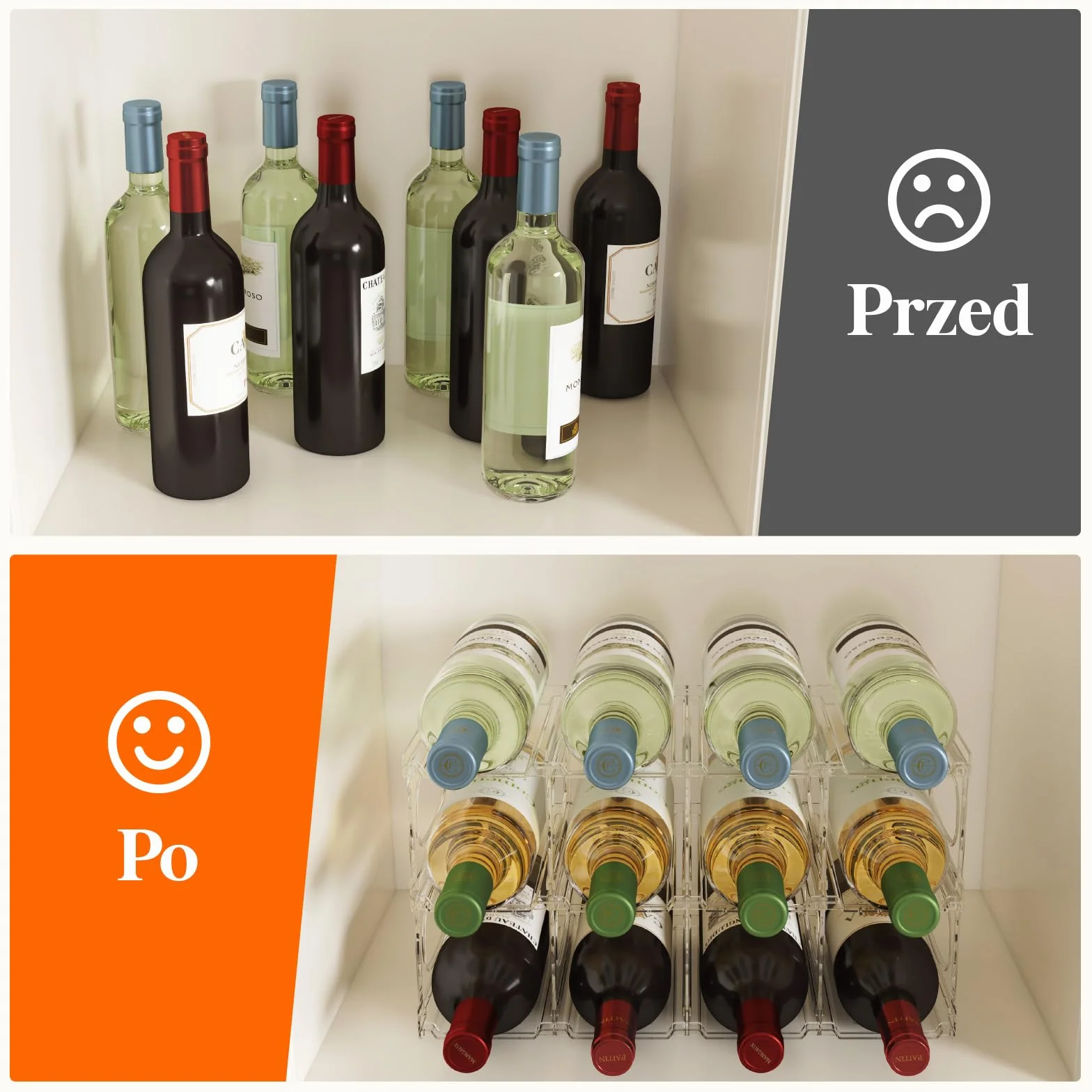 Lifewit Plastikowy stojak na wino do lodówki, szafki, blatu, uchwyt na butelkę wina, organizer na butelki wody, do lodówki, spiżarni, przezroczysty, pomieści 12 butelek
