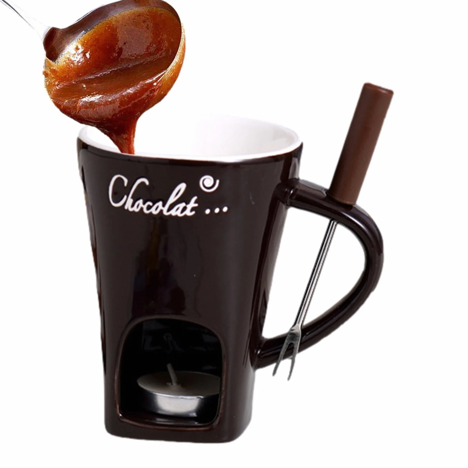 Zestaw do czekoladowego fondue 130 ml, zestaw do czekoladowego fondue, czekoladowy kubek do fondue, ceramiczny czekoladowy kubek do fondue, masło, słodki czekoladowy kubek do fondue z widelcem