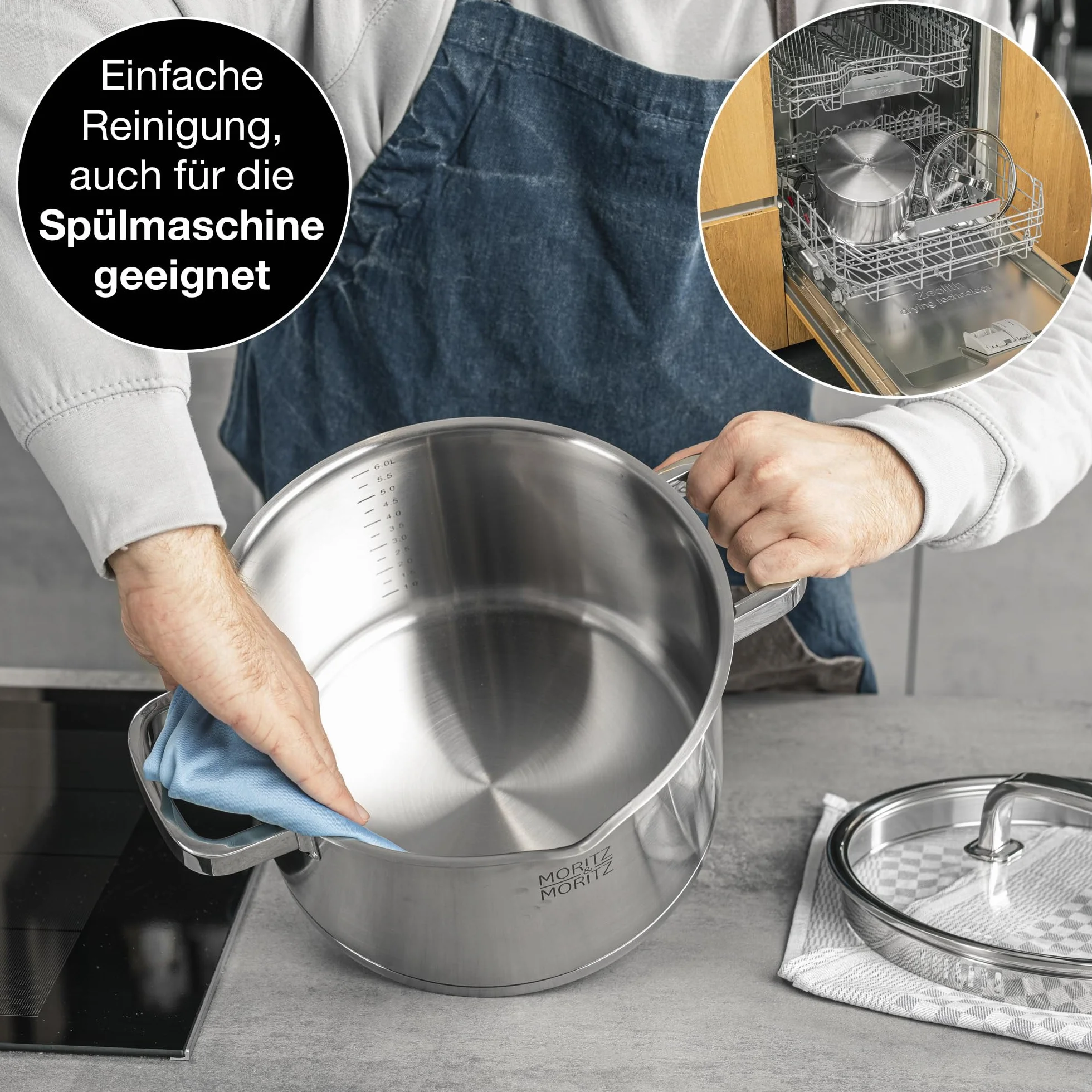 Moritz & Moritz Garnek do gotowania ze stali nierdzewnej 24 cm z sitkiem w pokrywie – skala do 6 l – nadaje się do wszystkich rodzajów kuchenek – idealny do zup i dań jednogarnkowych