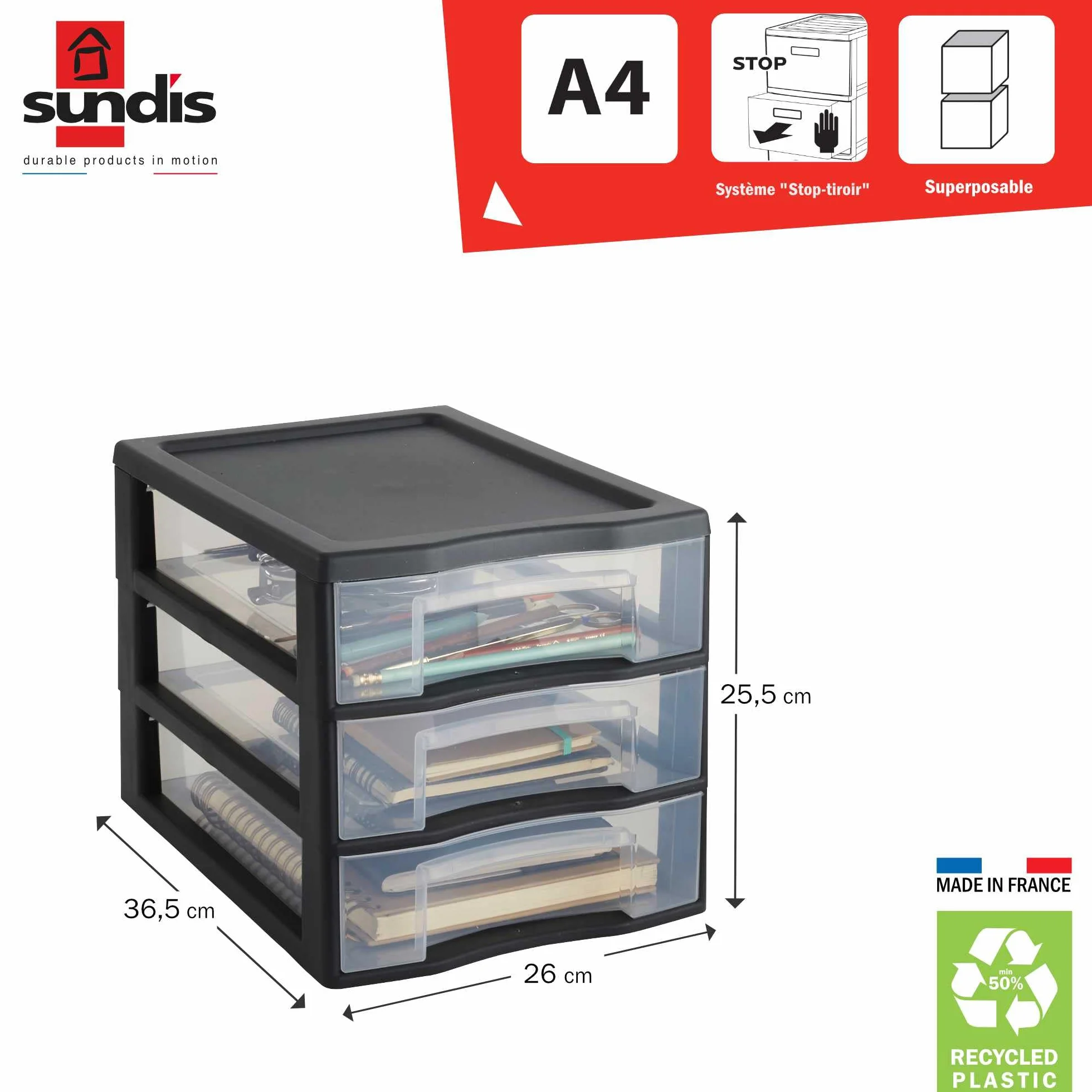 SUNDIS Tag Tower, mała czarna plastikowa wieża do przechowywania, z 3 przezroczystymi szufladami w formacie A4, wysokość 25,5 cm, możliwość nakładania na siebie, idealna do przechowywania na biurko,