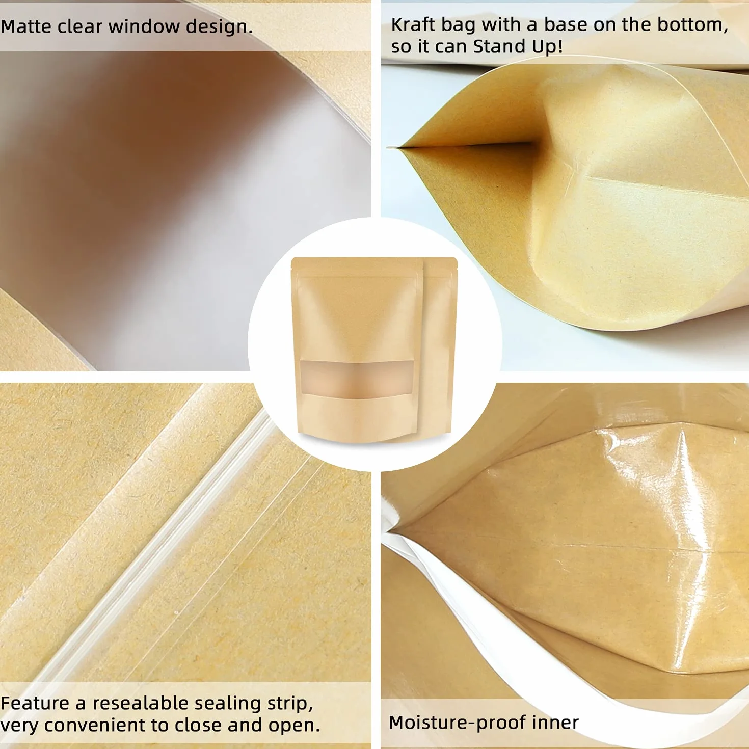 100 szt. Kraft Stand Up Pouches – 18 x 25 cm zamykane torby do przechowywania żywności z matowym okienkiem do pakowania