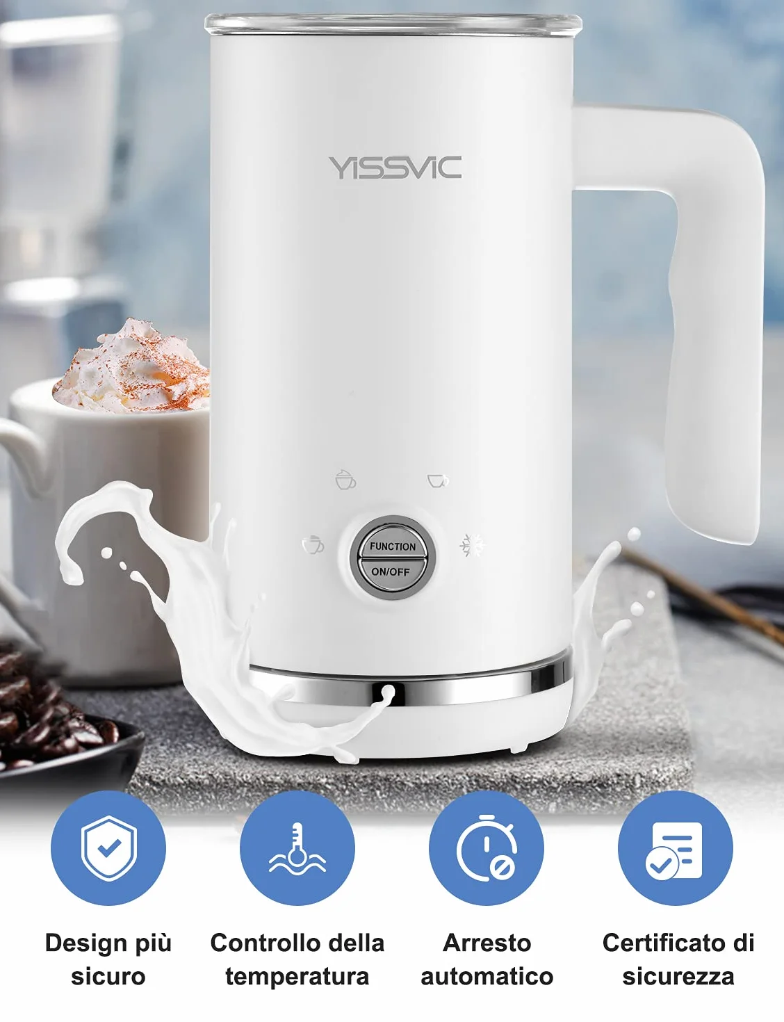 Yissvic 4-w-1 Elektryczny spieniacz do mleka 600W 300ml Stal nierdzewna spieniacz do mleka z nieprzywierającą powłoką do kawy, mleka, cappuccino, biały