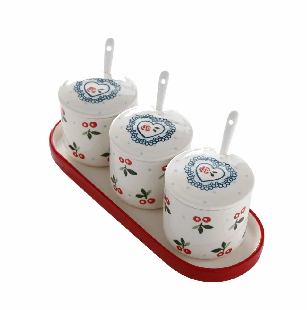 Ceramiczne doniczki na przyprawy, ceramiczne miski na cukrowe, pojemniki na przyprawy z pokrywkami, tace i łyżeczka ceramiczna do kuchni, kawiarni i domu, zestawy 3 szt