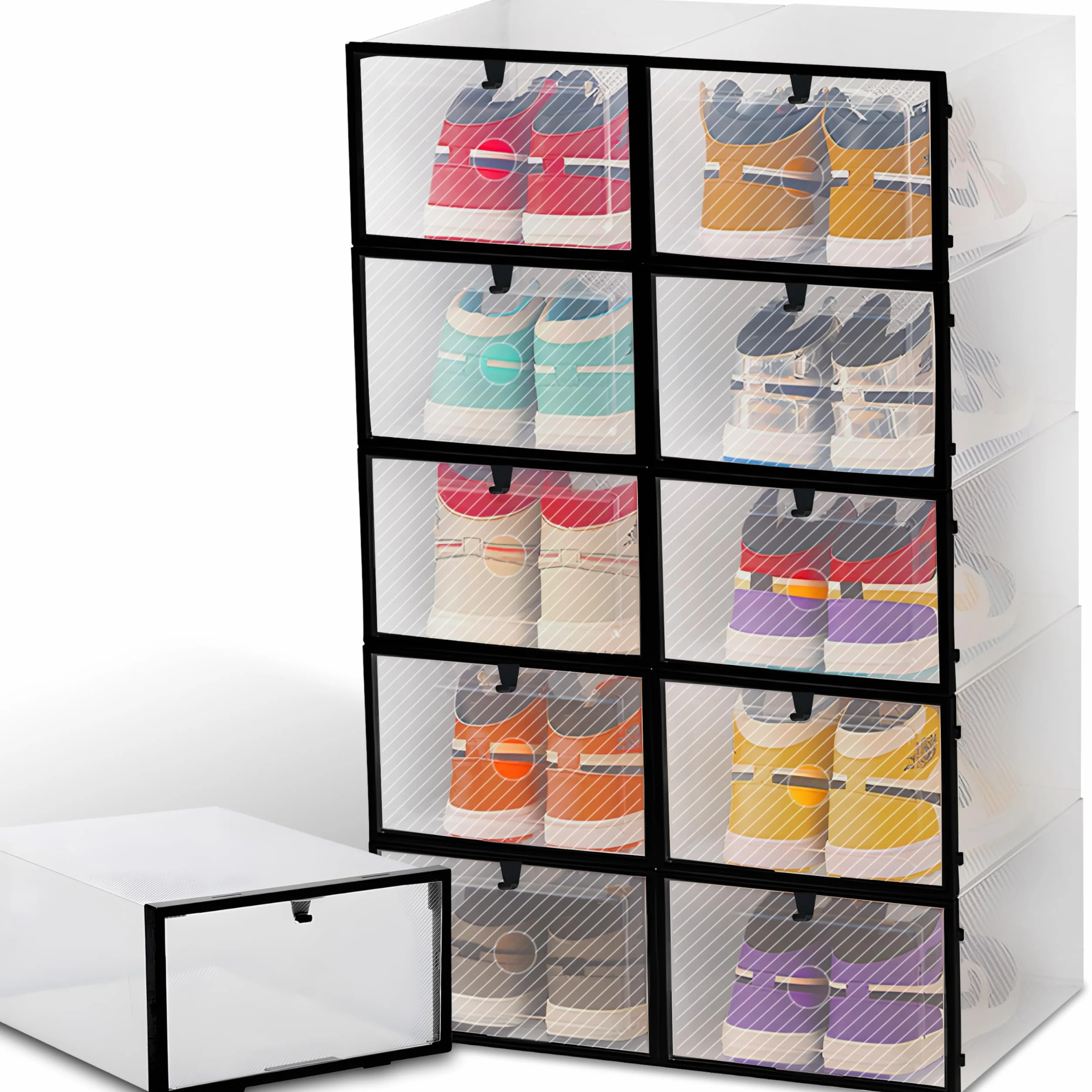 Retoo Zestaw 10 przezroczystych pudełek na buty 29x20x12cm, składanych i układanych w stos pudełek do przechowywania butów, organizera na buty na wysokie obcasy, botki, wysokie obcasy, czółenka