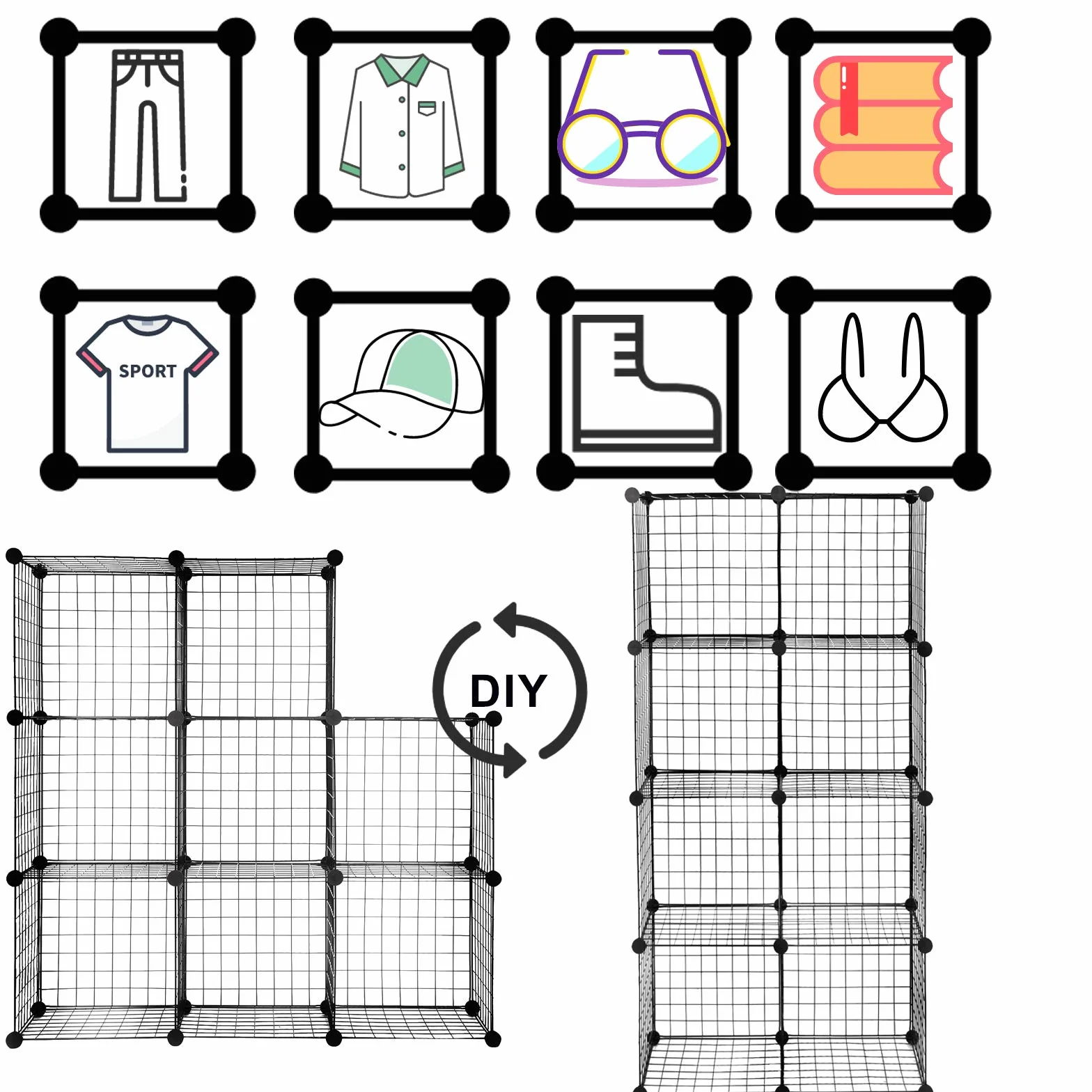 WOLTU SR0123sz-2 system półek bezśrubowych półka sześcianowa półka druciana regulowana indywidualnie 16 przegródek czarny z siatki drucianej 148 x 37 x 148 cm (szer. X wys. X gł.)