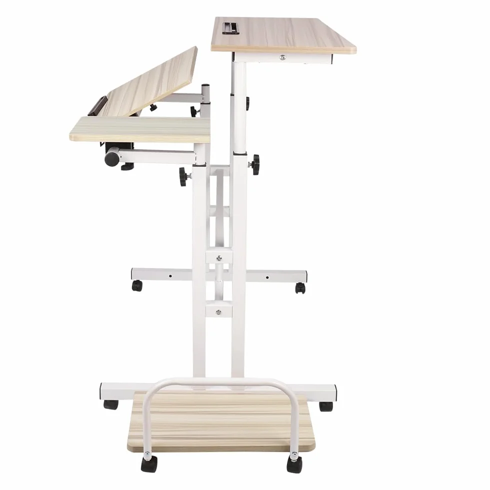 Biurko komputerowe z regulacją wysokości Stół na laptopa z kółkami, mobilny stół biurkowy na komputer stacjonarny stolik na laptopa, 102 x 60 x 67-115 cm, biały klon
