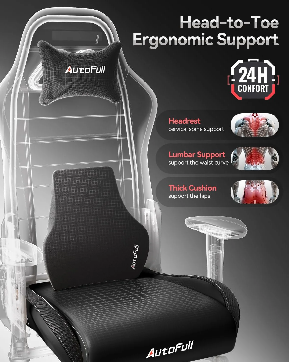 AutoFull C3 Ergonomiczny fotel biurowy z bionicznym podparciem lędźwiowym 3D, styl wyścigowy, wysokiej jakości skóra poliuretanowa, dla graczy, z podnóżkiem i zagłówkiem, czarny