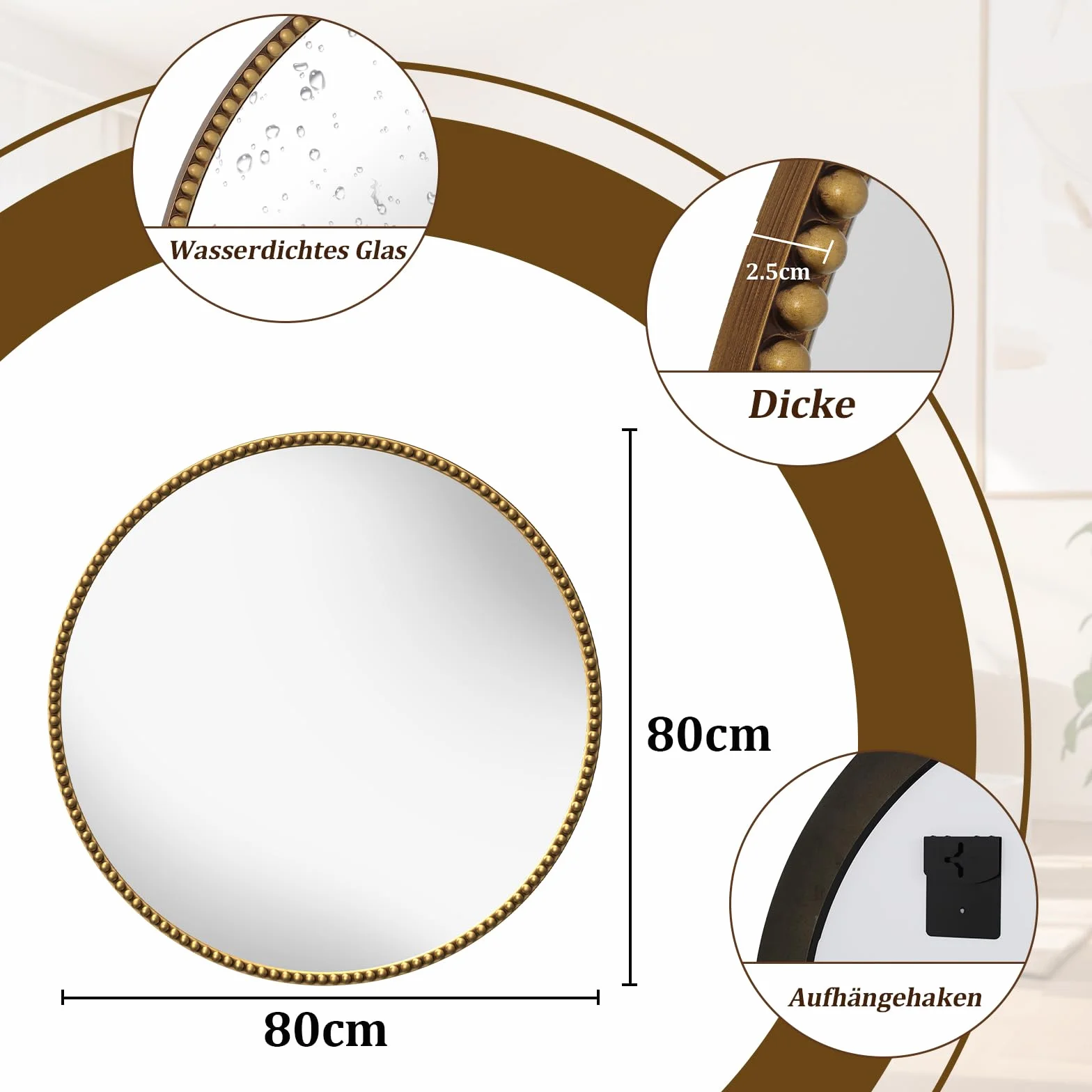Koonmi Lusterka ścienny okrągły 80 cm Mała rama ozdobiona perłami ze szkła hartowanego Nadaje się do sypialni, łazienki itp., wykończenie w starożytnym brązie