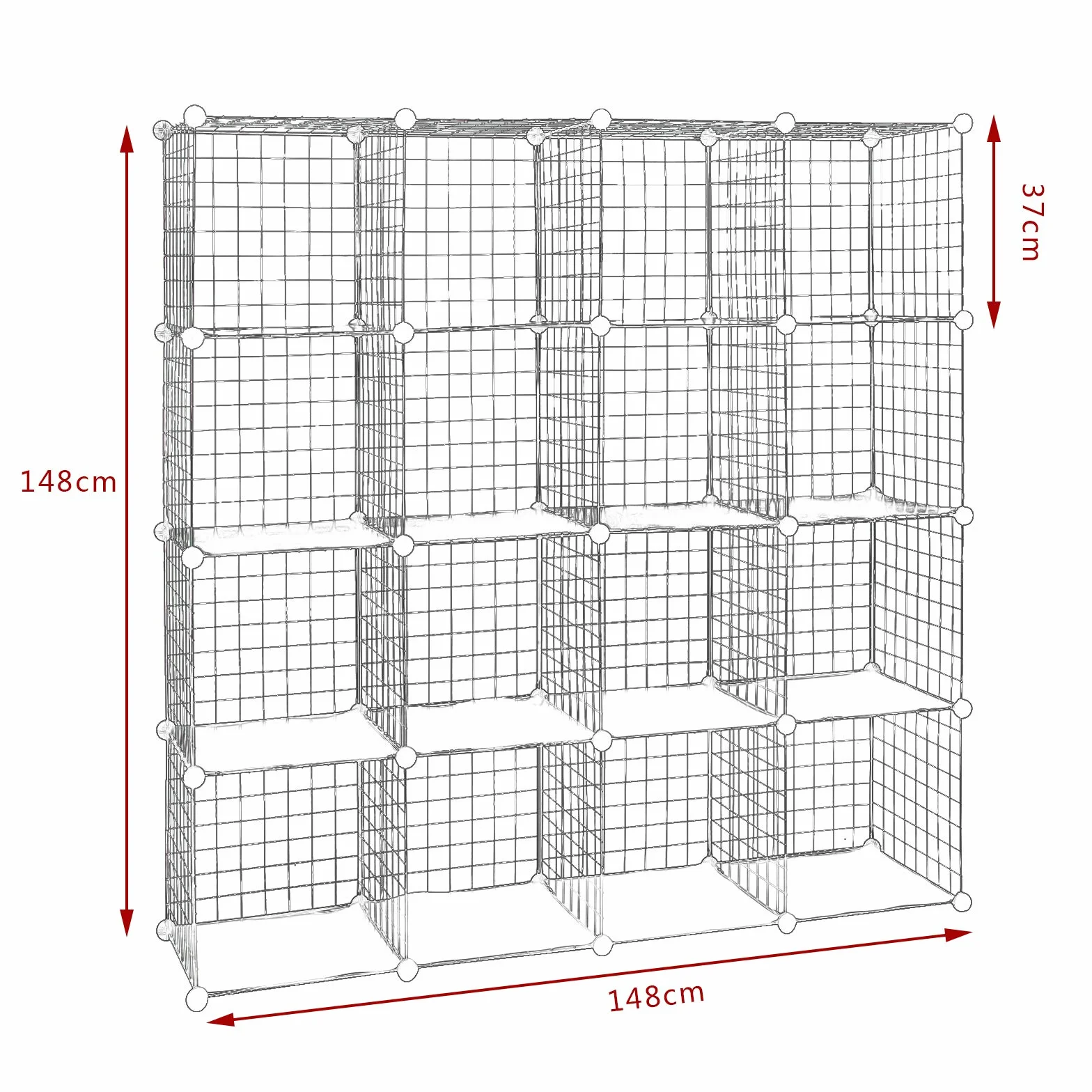 WOLTU SR0123sz-2 system półek bezśrubowych półka sześcianowa półka druciana regulowana indywidualnie 16 przegródek czarny z siatki drucianej 148 x 37 x 148 cm (szer. X wys. X gł.)